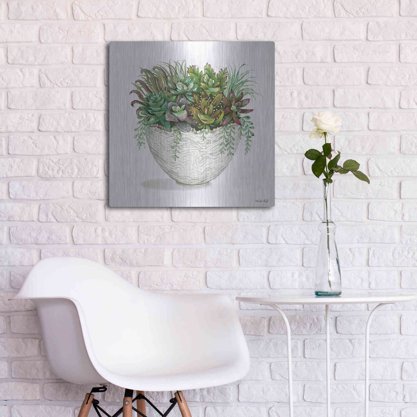 Luxe Metal Art 'White Wood Succulent III' by Cindy Jacobs, Metal Wall Art,24x24