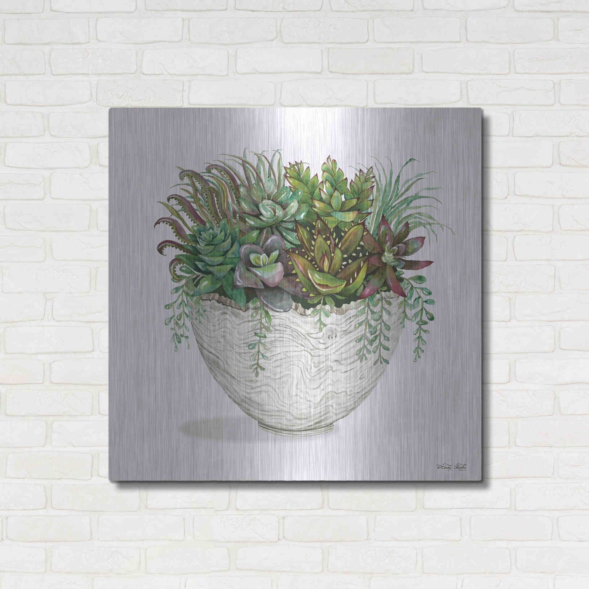 Luxe Metal Art 'White Wood Succulent III' by Cindy Jacobs, Metal Wall Art,36x36