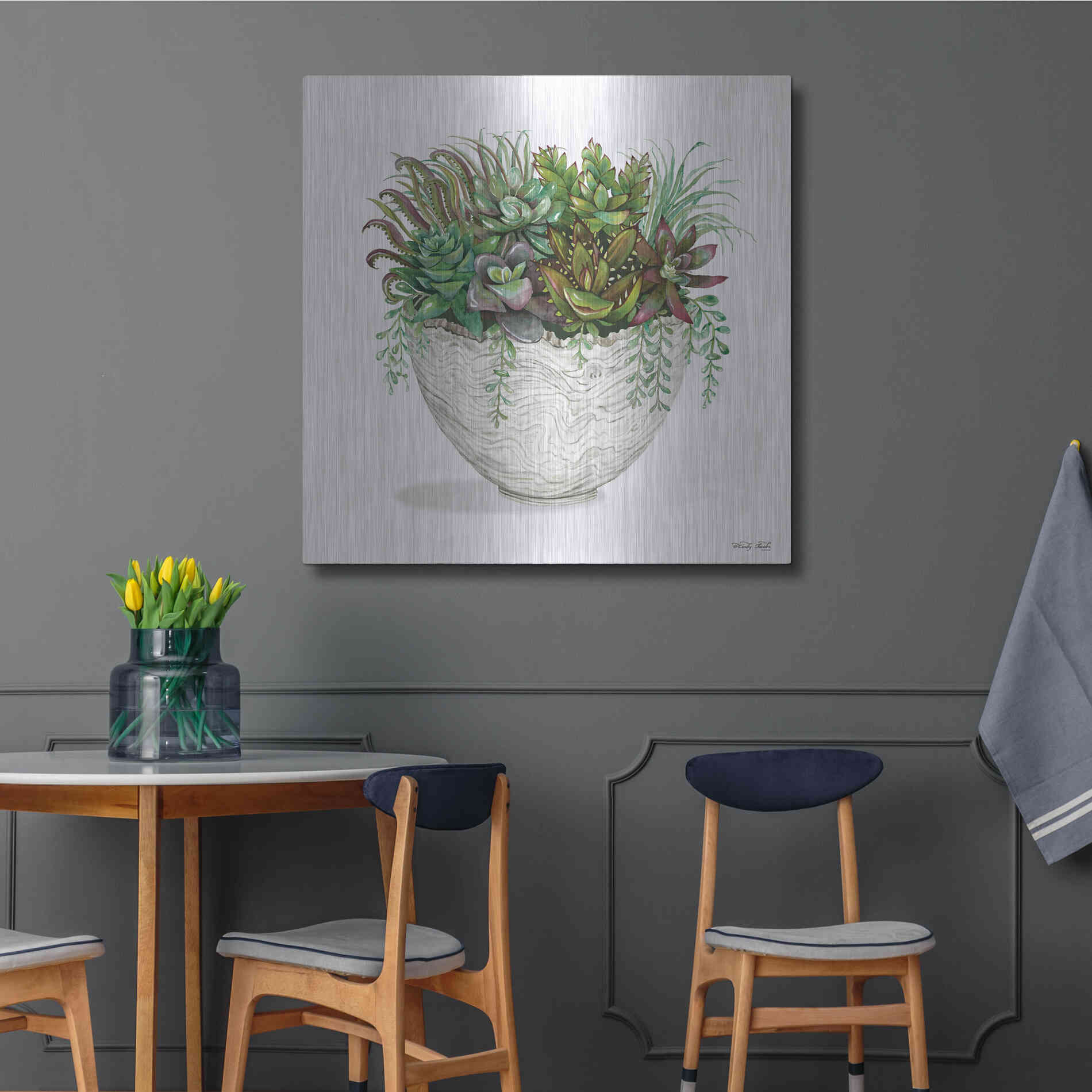 Luxe Metal Art 'White Wood Succulent III' by Cindy Jacobs, Metal Wall Art,36x36