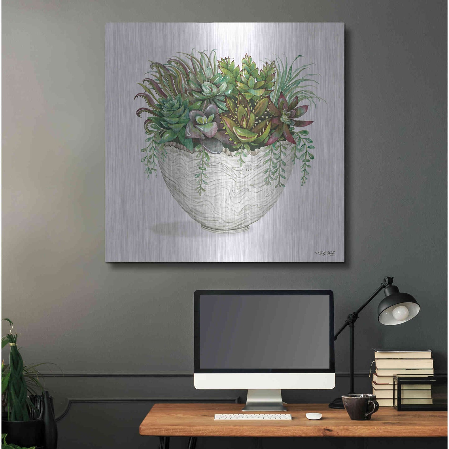 Luxe Metal Art 'White Wood Succulent III' by Cindy Jacobs, Metal Wall Art,36x36