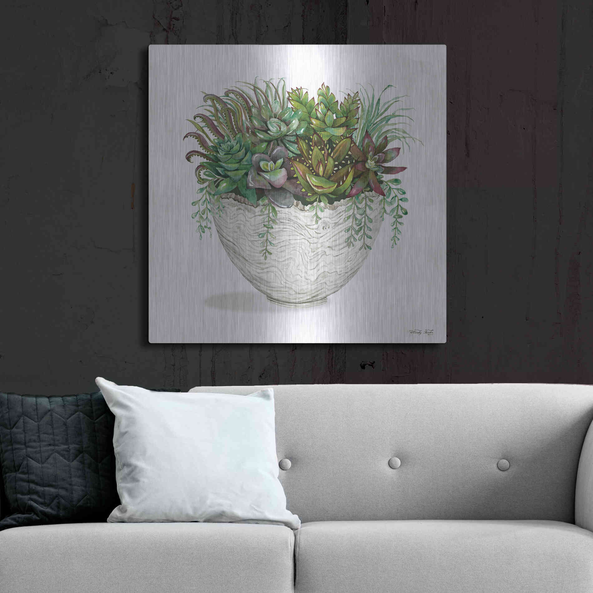 Luxe Metal Art 'White Wood Succulent III' by Cindy Jacobs, Metal Wall Art,36x36