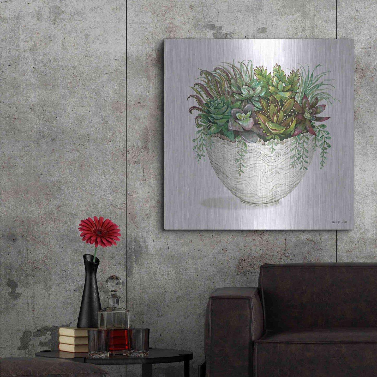 Luxe Metal Art 'White Wood Succulent III' by Cindy Jacobs, Metal Wall Art,36x36
