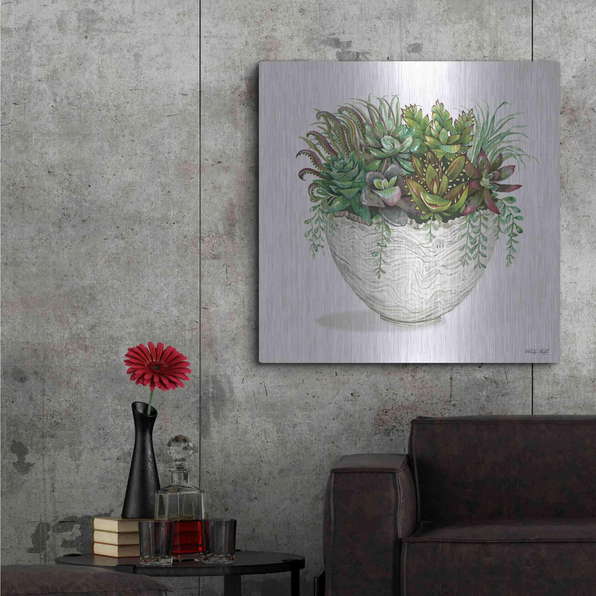 Luxe Metal Art 'White Wood Succulent III' by Cindy Jacobs, Metal Wall Art,36x36