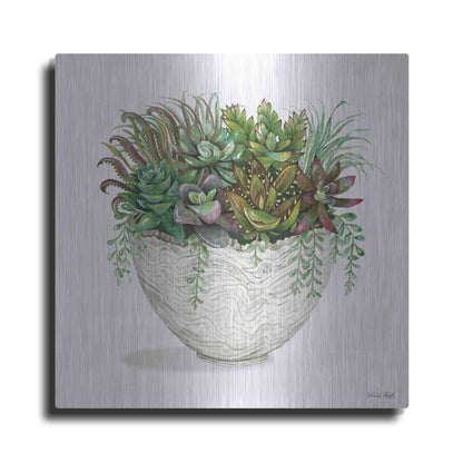 Luxe Metal Art 'White Wood Succulent III' by Cindy Jacobs, Metal Wall Art