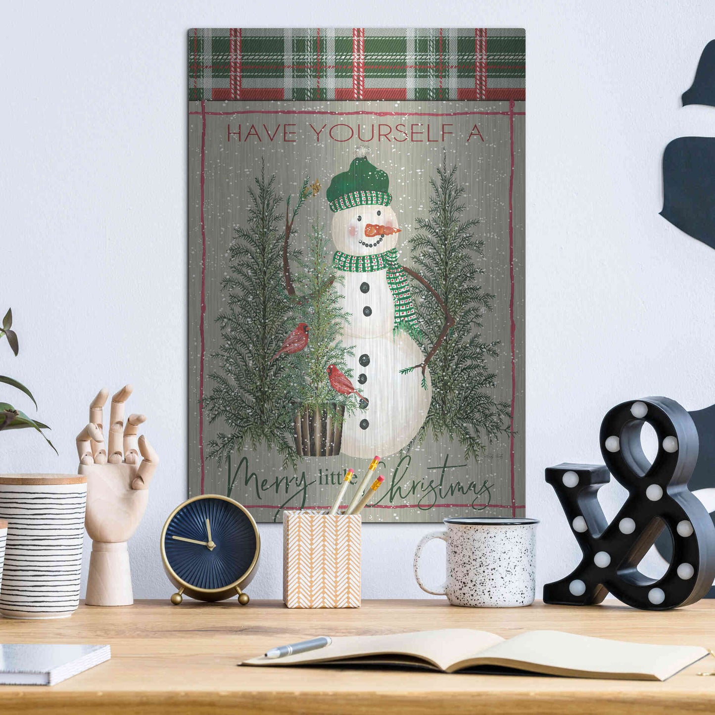 Luxe Metal Art 'Merry Little Christmas Snowman' by Cindy Jacobs, Metal Wall Art,12x16