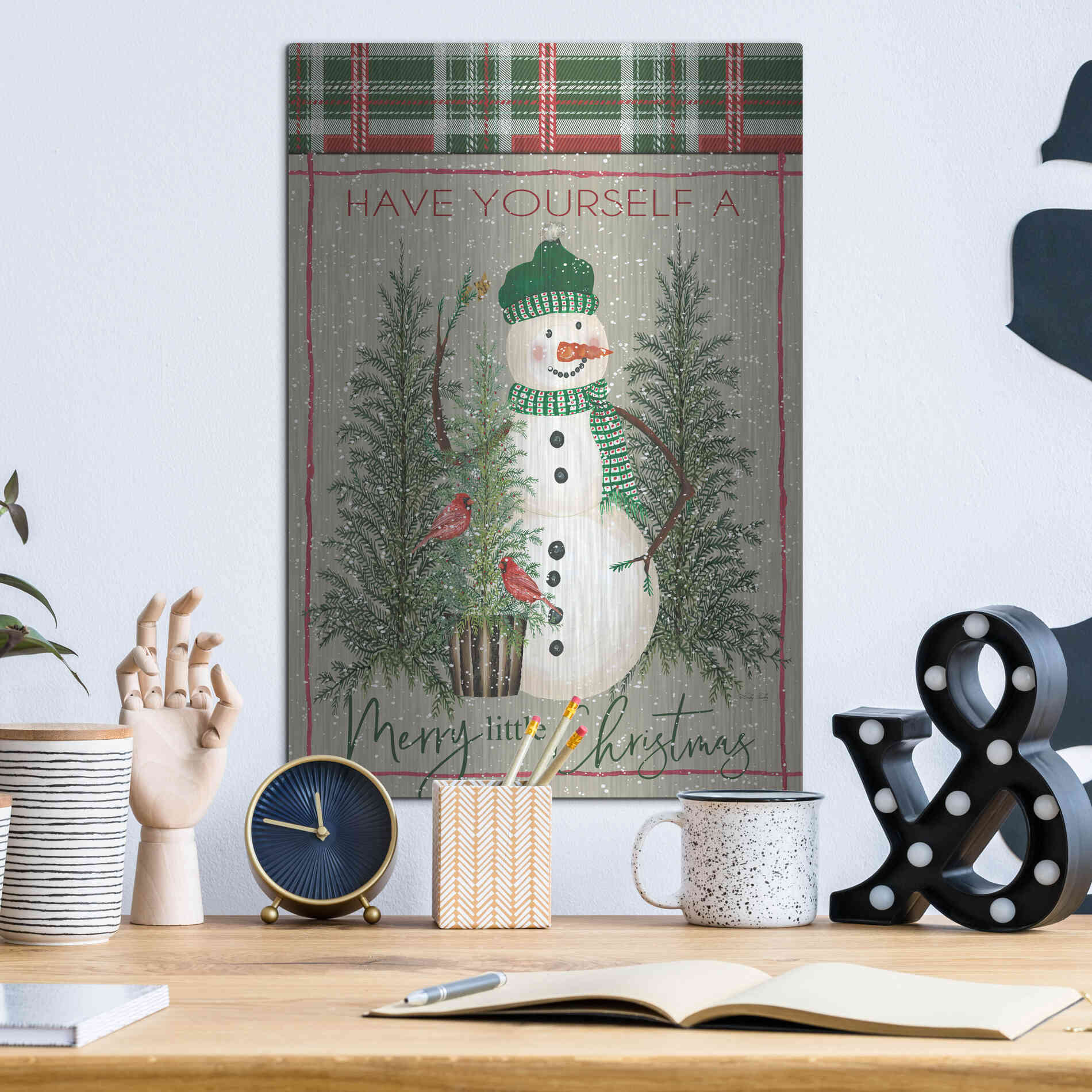 Luxe Metal Art 'Merry Little Christmas Snowman' by Cindy Jacobs, Metal Wall Art,12x16