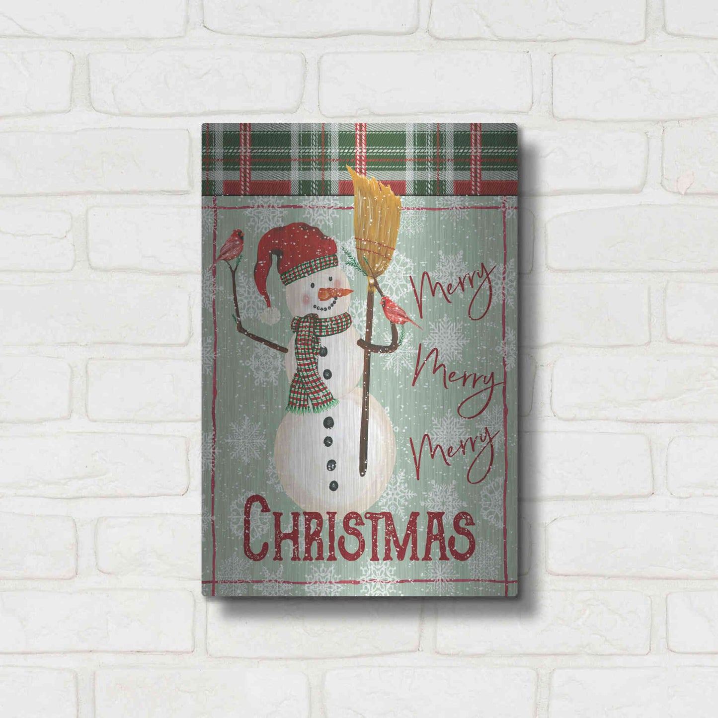 Luxe Metal Art 'Merry-Merry-Merry Christmas Snowman' by Cindy Jacobs, Metal Wall Art,12x16