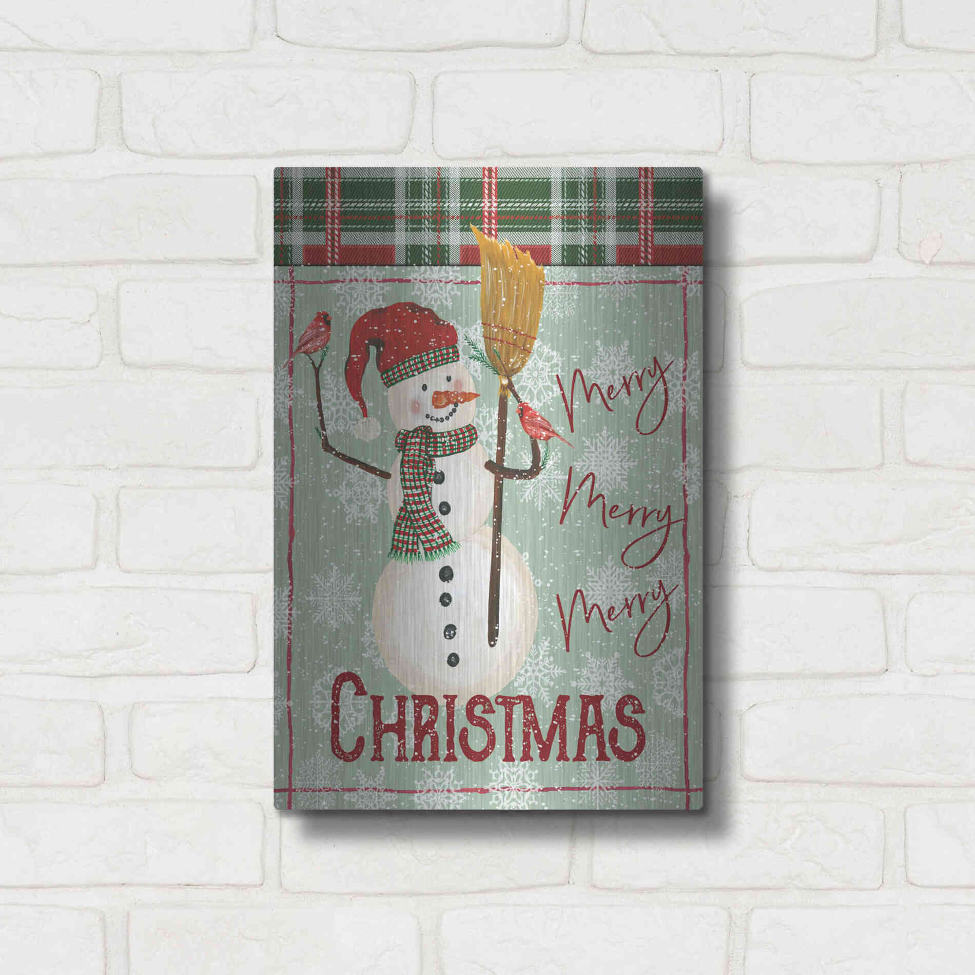 Luxe Metal Art 'Merry-Merry-Merry Christmas Snowman' by Cindy Jacobs, Metal Wall Art,12x16