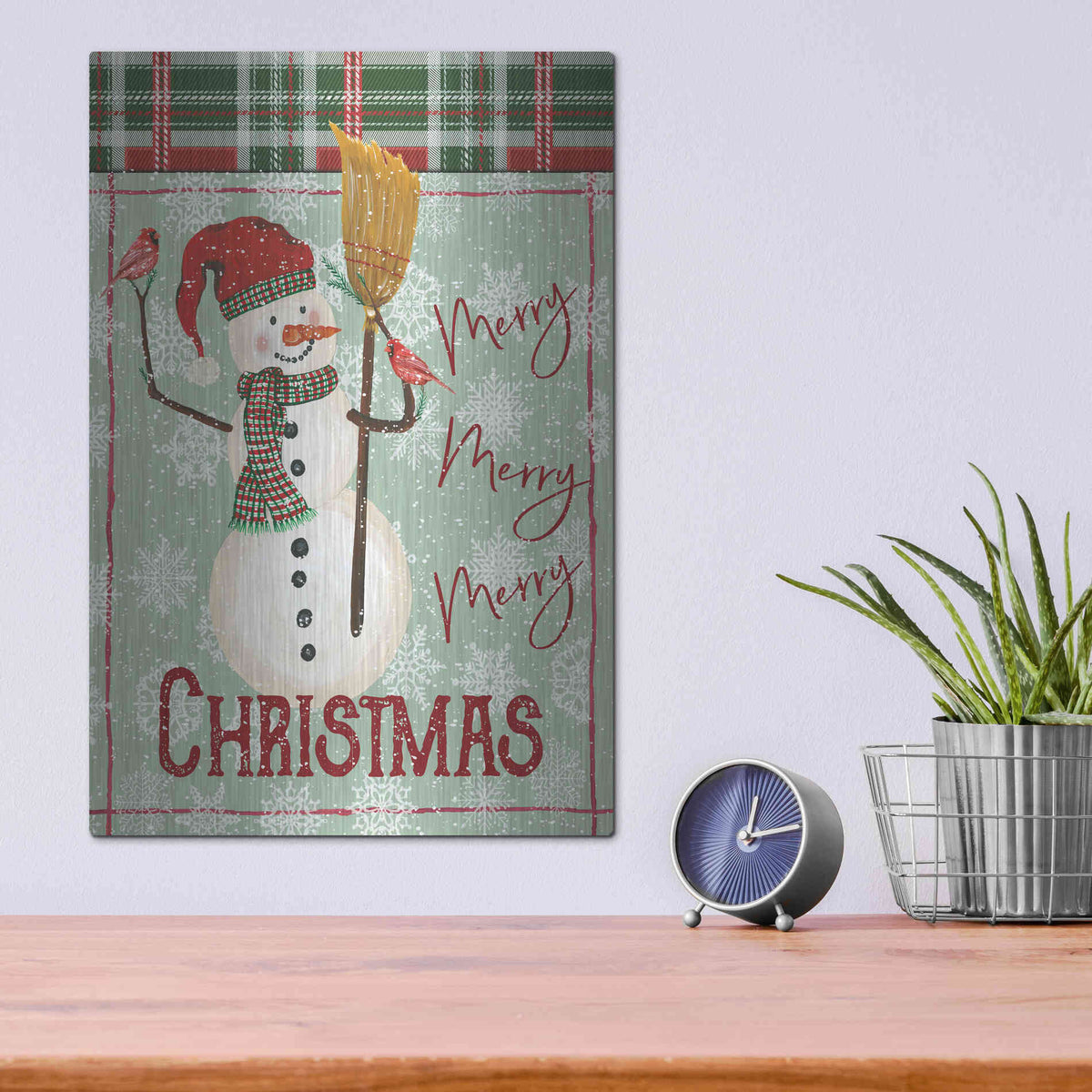 Luxe Metal Art 'Merry-Merry-Merry Christmas Snowman' by Cindy Jacobs, Metal Wall Art,12x16