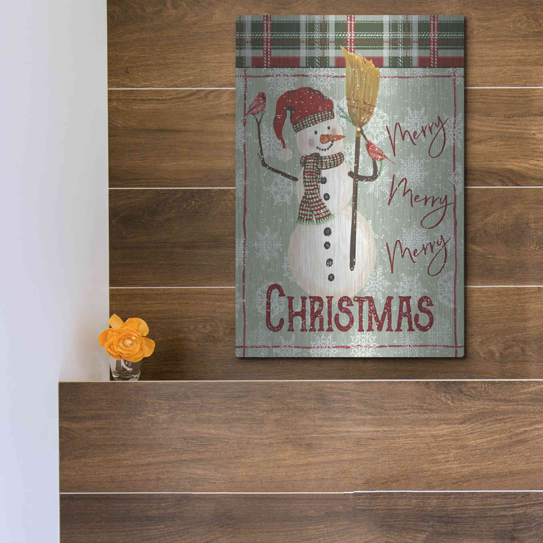 Luxe Metal Art 'Merry-Merry-Merry Christmas Snowman' by Cindy Jacobs, Metal Wall Art,12x16