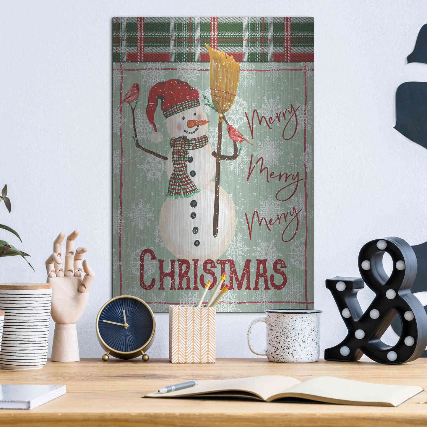Luxe Metal Art 'Merry-Merry-Merry Christmas Snowman' by Cindy Jacobs, Metal Wall Art,12x16