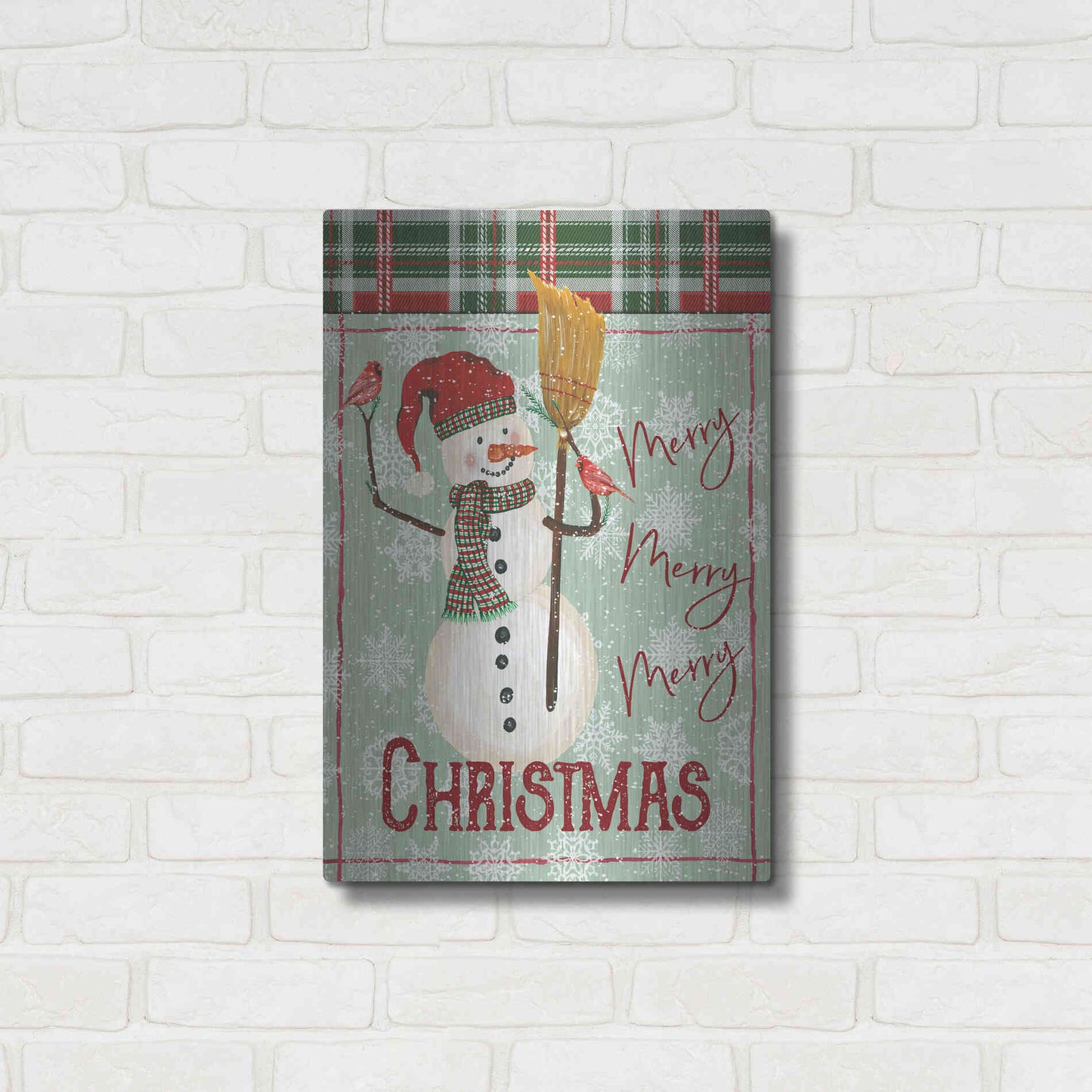 Luxe Metal Art 'Merry-Merry-Merry Christmas Snowman' by Cindy Jacobs, Metal Wall Art,16x24