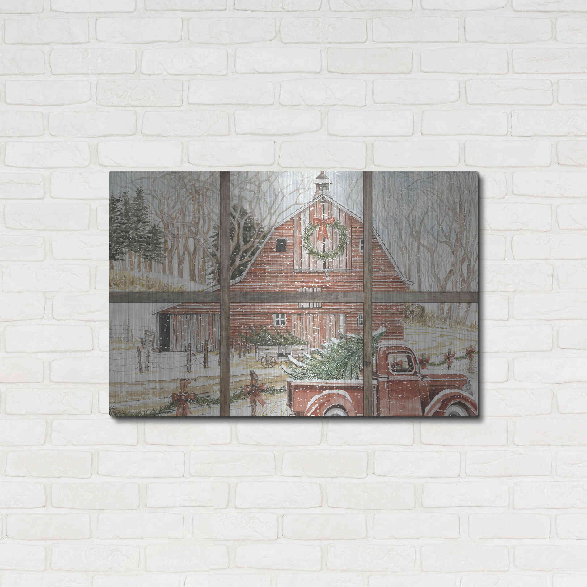 Luxe Metal Art 'Christmas Barn View' by Cindy Jacobs, Metal Wall Art,36x24