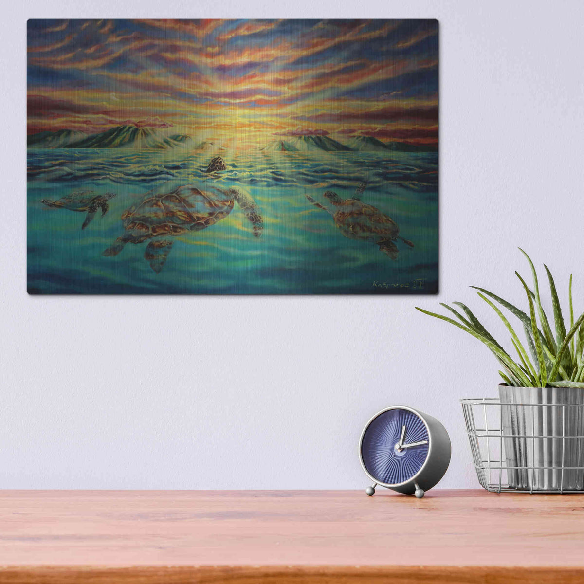 Luxe Metal Art 'Turtle Sunset' by Jan Kasparec, Metal Wall Art,16x12