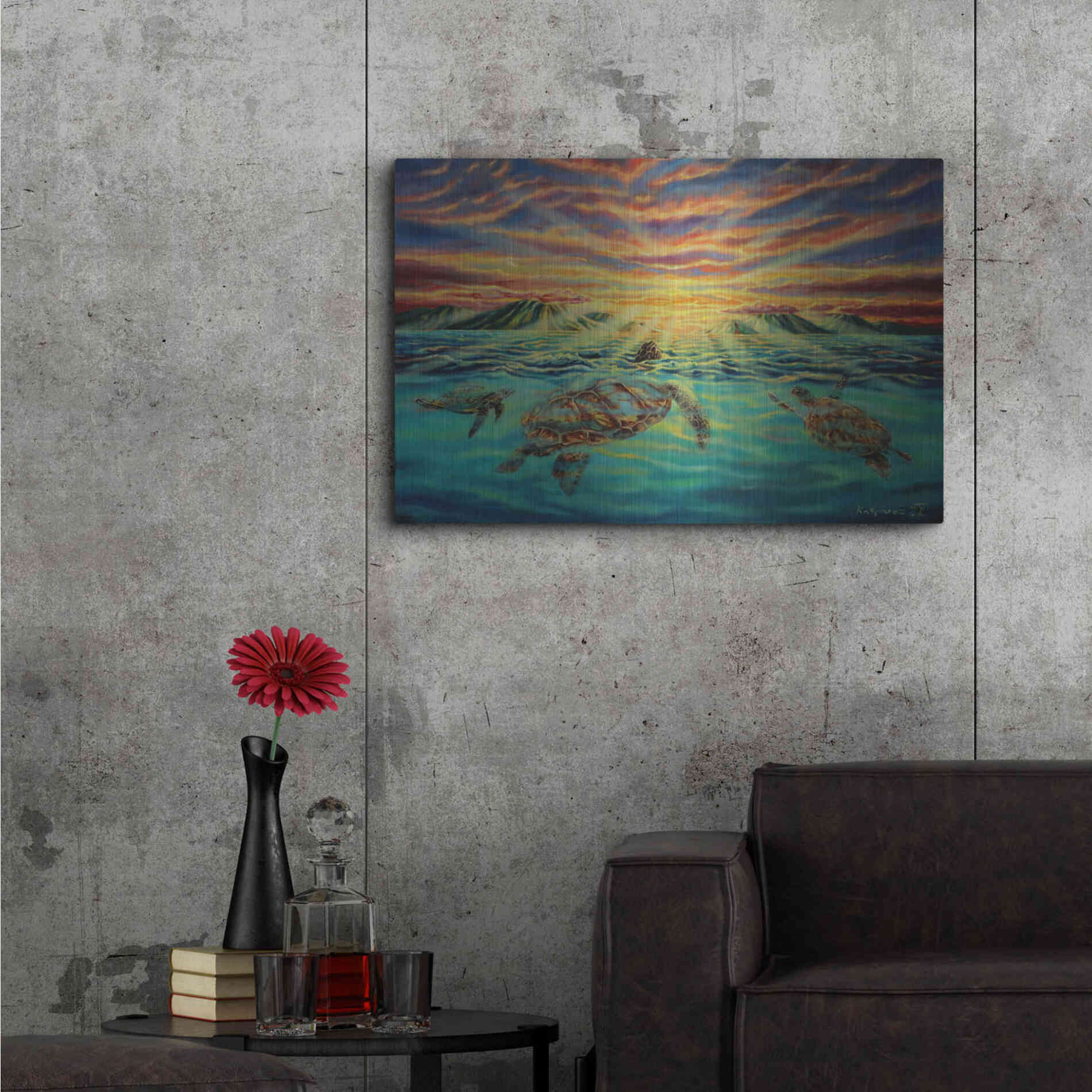 Luxe Metal Art 'Turtle Sunset' by Jan Kasparec, Metal Wall Art,36x24