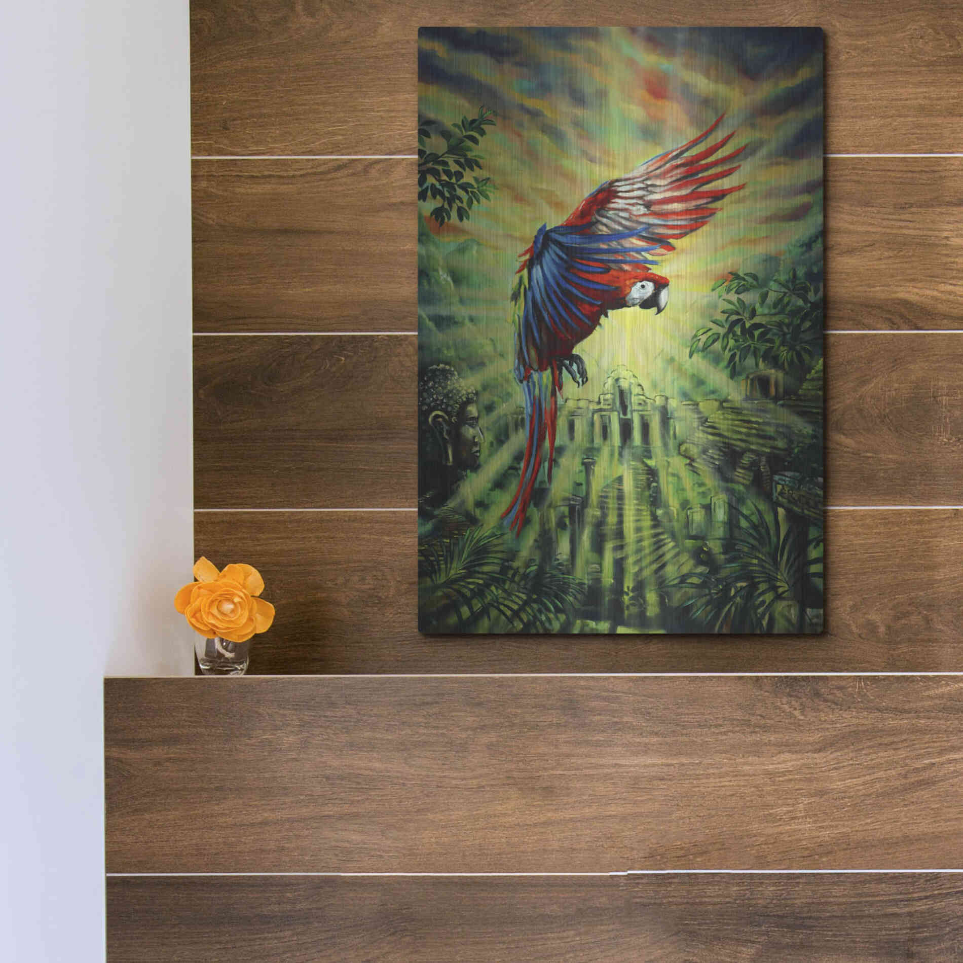 Luxe Metal Art 'Parrot Temple' by Jan Kasparec, Metal Wall Art,12x16