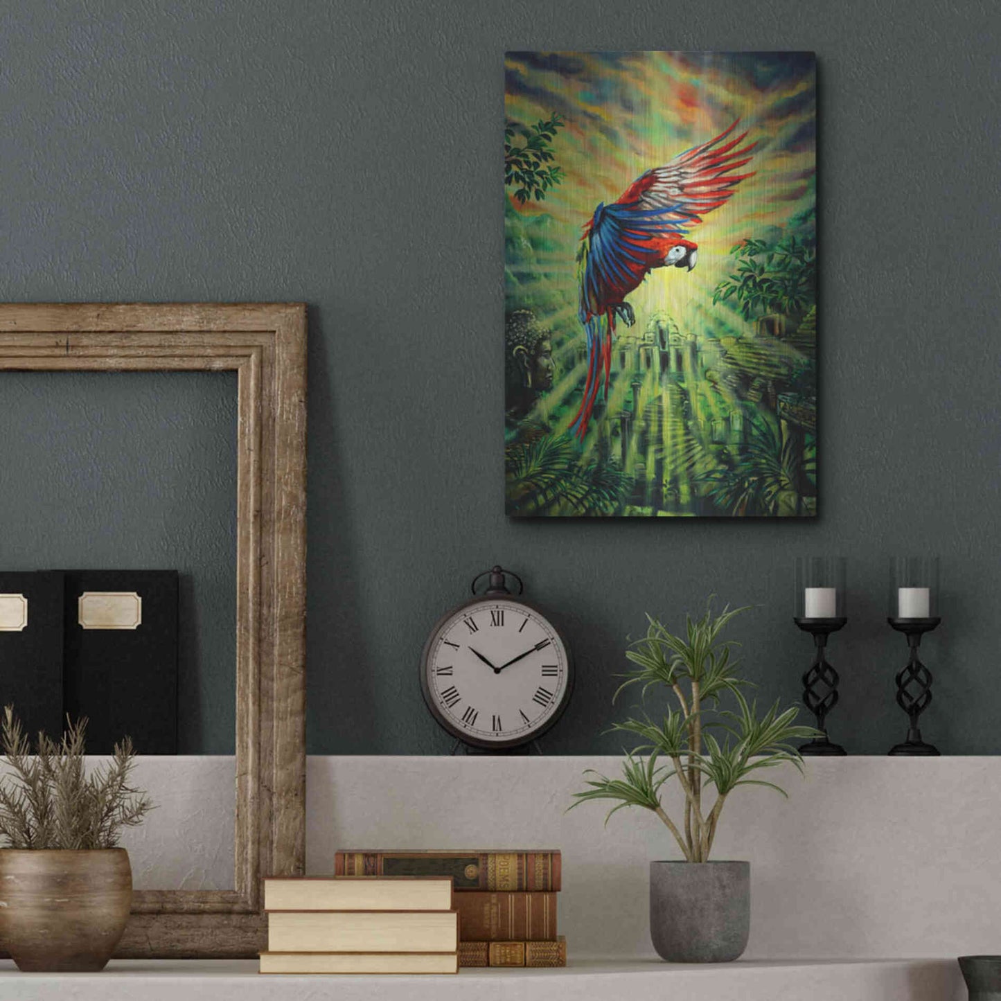 Luxe Metal Art 'Parrot Temple' by Jan Kasparec, Metal Wall Art,12x16