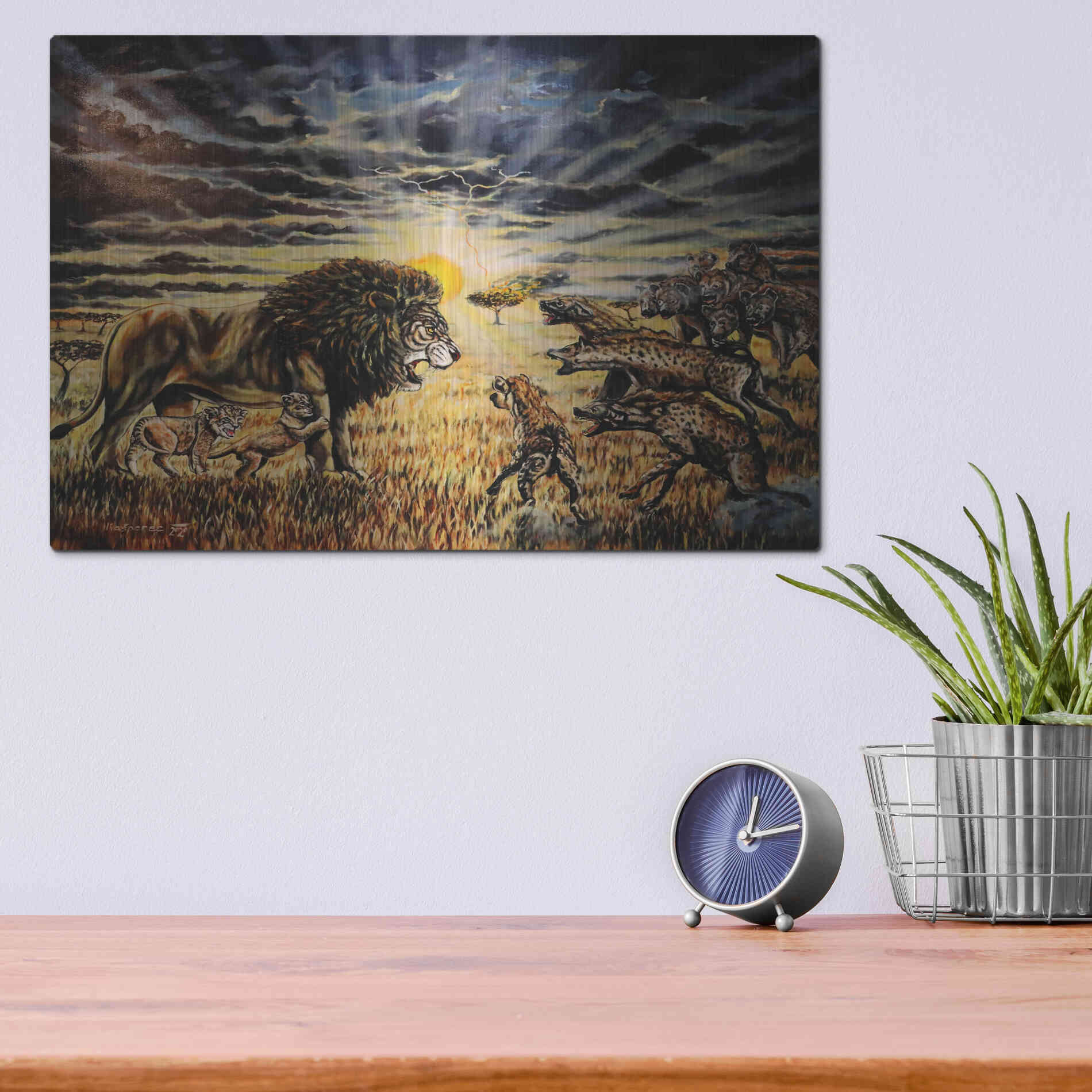 Luxe Metal Art 'Lion Hyenas' by Jan Kasparec, Metal Wall Art,16x12
