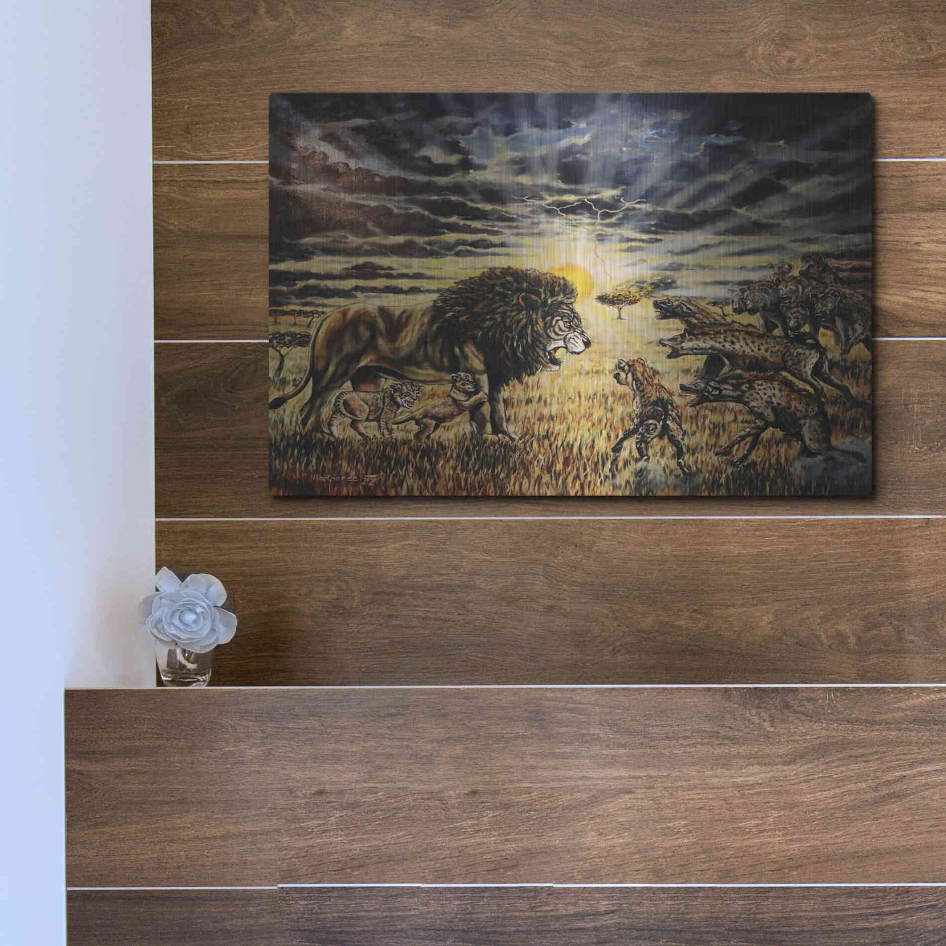 Luxe Metal Art 'Lion Hyenas' by Jan Kasparec, Metal Wall Art,16x12