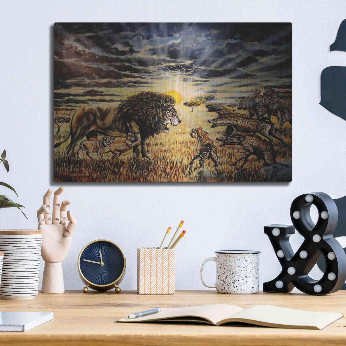 Luxe Metal Art 'Lion Hyenas' by Jan Kasparec, Metal Wall Art,16x12