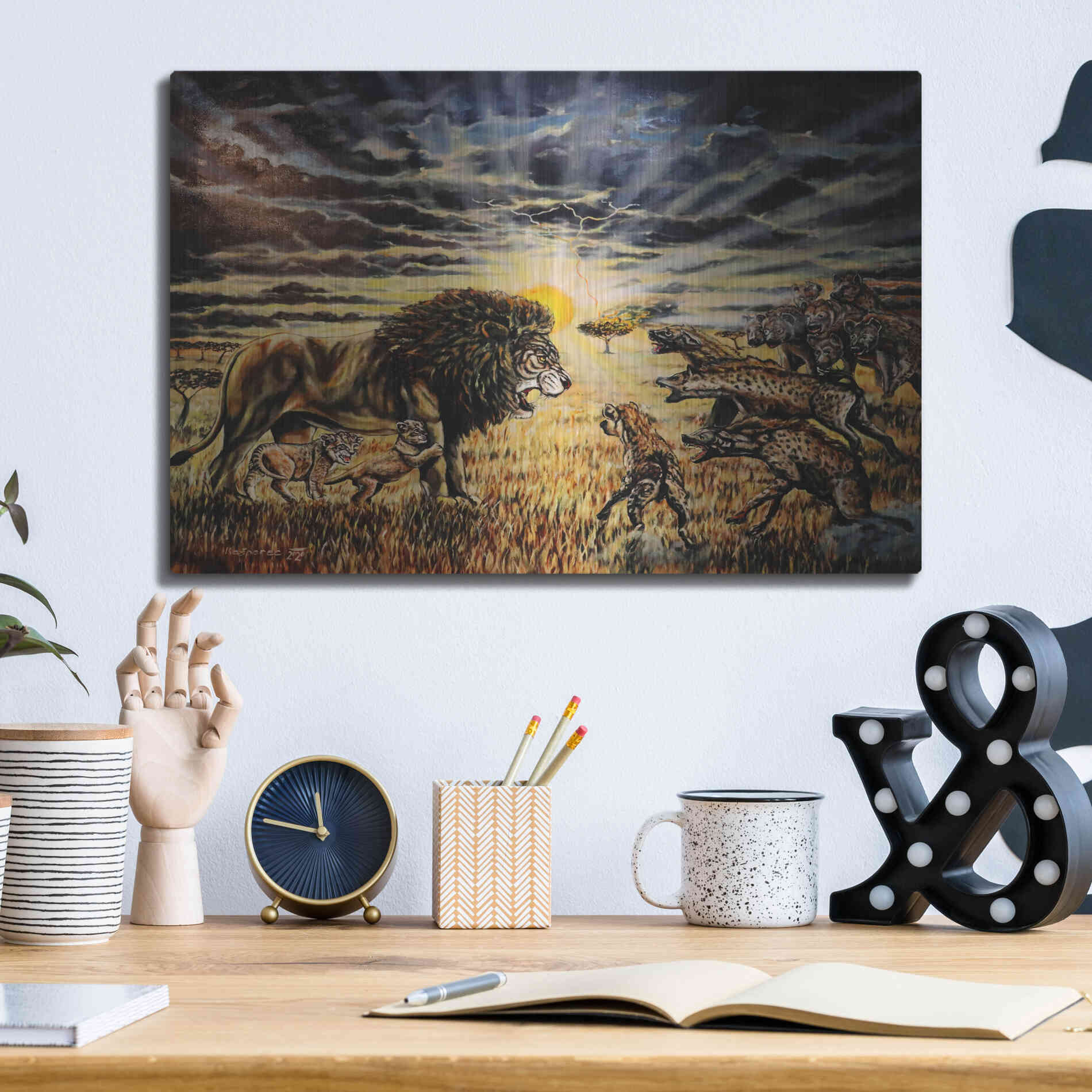 Luxe Metal Art 'Lion Hyenas' by Jan Kasparec, Metal Wall Art,16x12