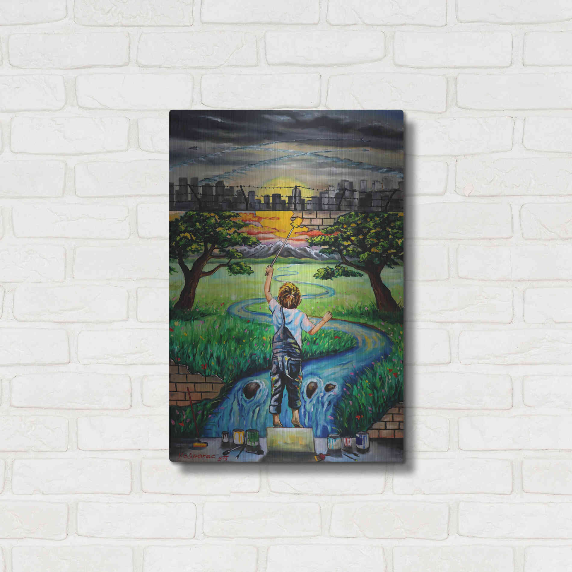Luxe Metal Art 'Boy And The Wall' by Jan Kasparec, Metal Wall Art,16x24