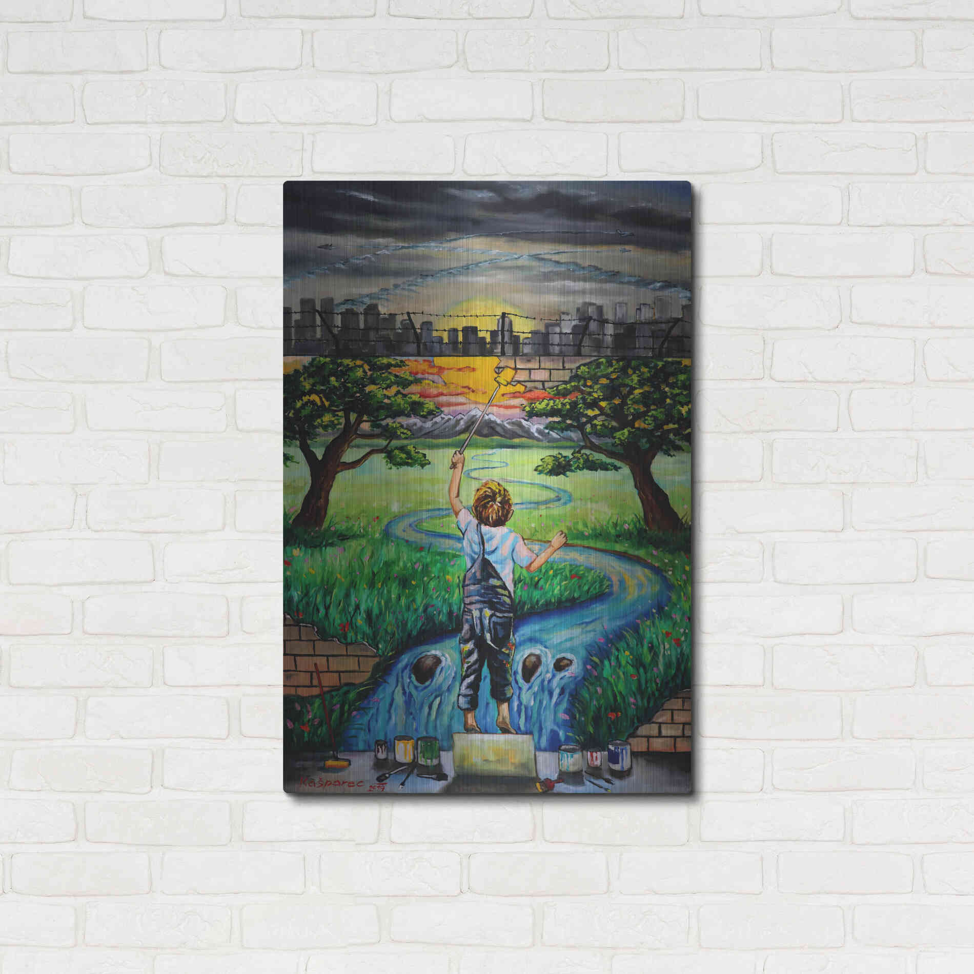 Luxe Metal Art 'Boy And The Wall' by Jan Kasparec, Metal Wall Art,24x36