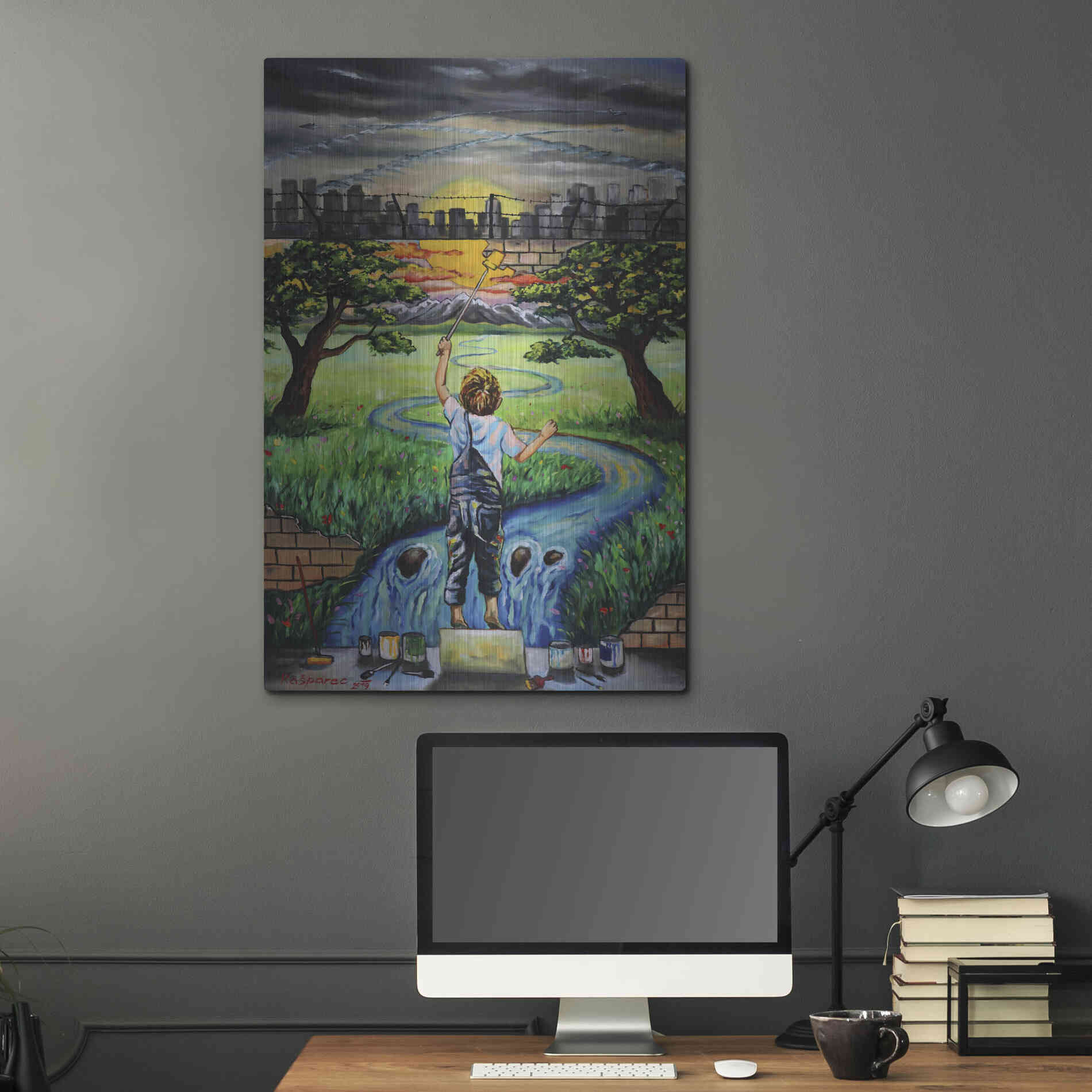 Luxe Metal Art 'Boy And The Wall' by Jan Kasparec, Metal Wall Art,24x36