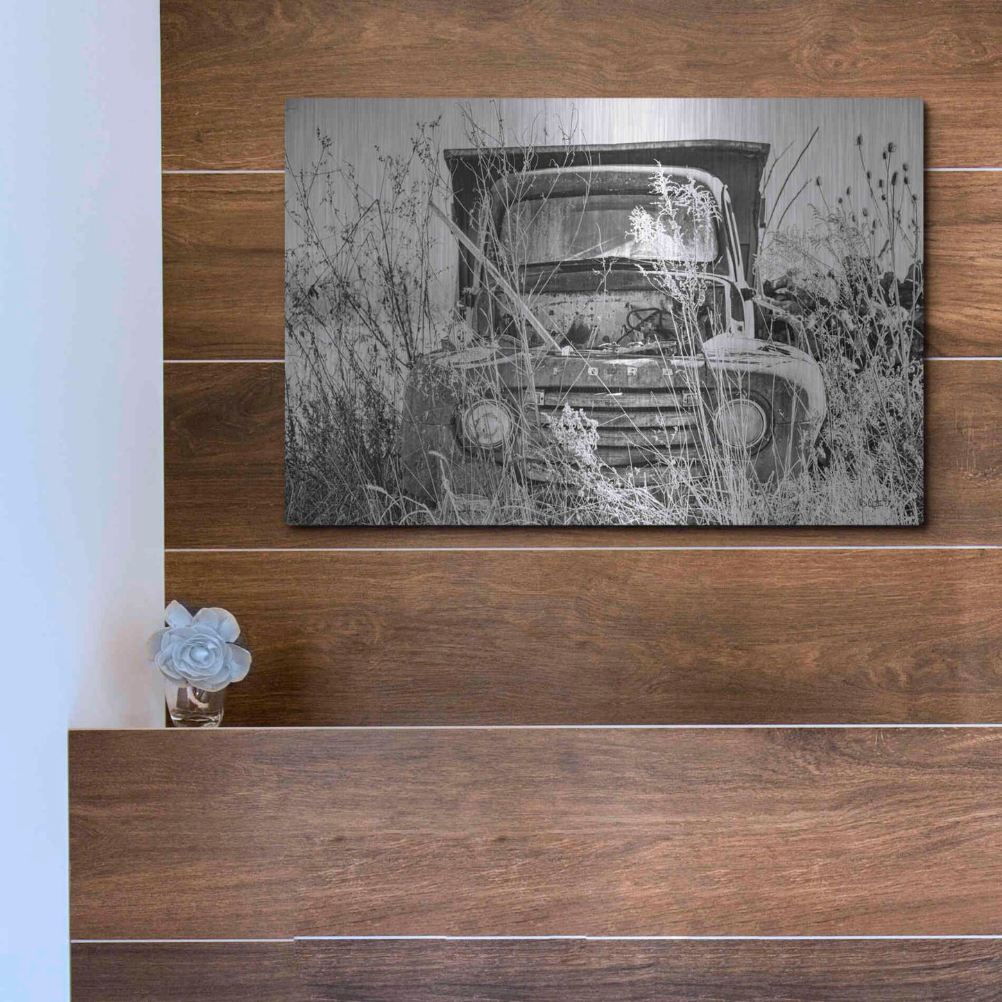 Luxe Metal Art 'Truck in Wildflower Field' by Donnie Quillen, Metal Wall Art,16x12