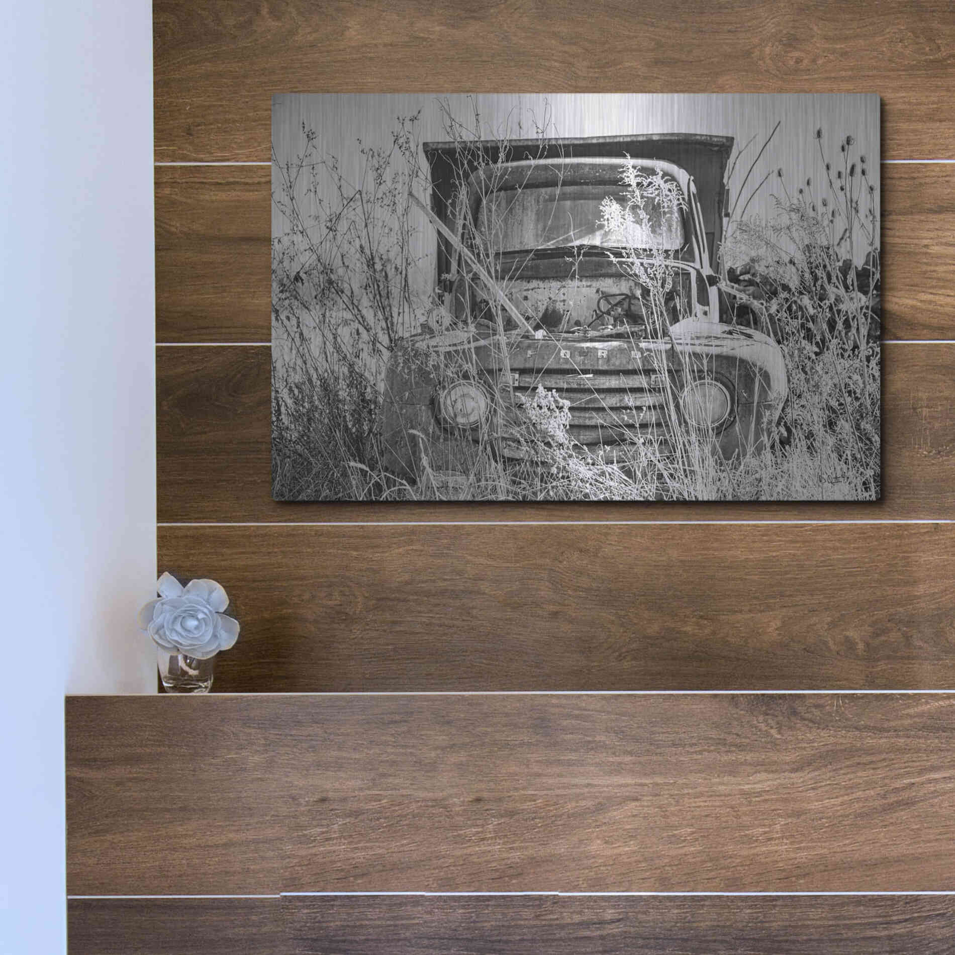 Luxe Metal Art 'Truck in Wildflower Field' by Donnie Quillen, Metal Wall Art,16x12