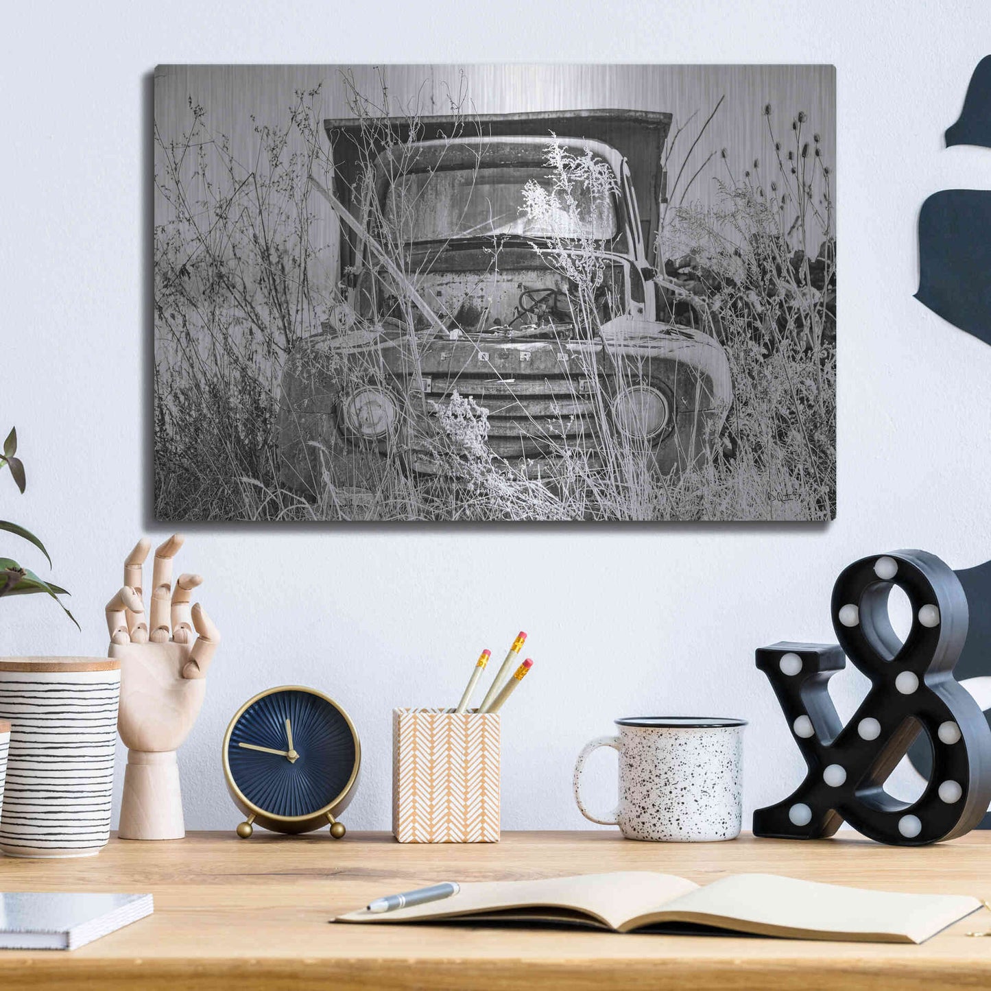 Luxe Metal Art 'Truck in Wildflower Field' by Donnie Quillen, Metal Wall Art,16x12