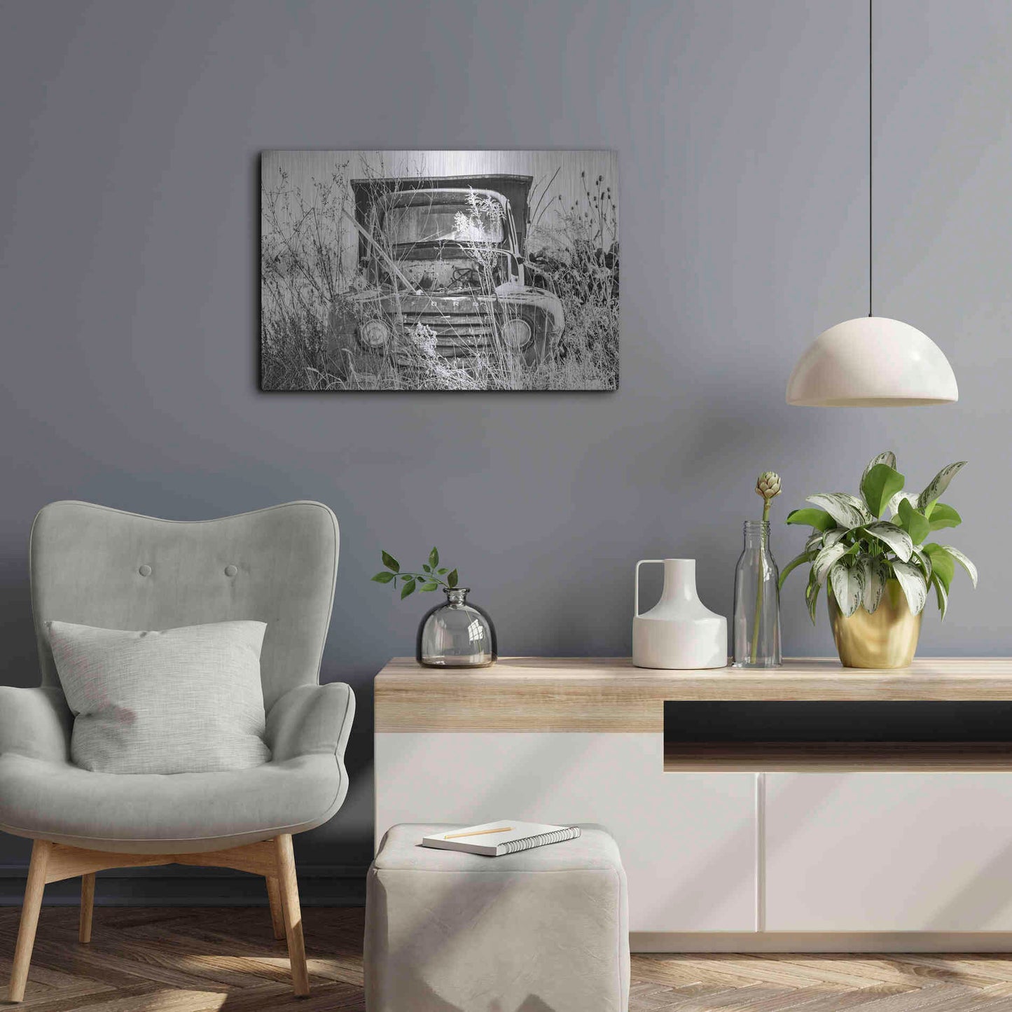 Luxe Metal Art 'Truck in Wildflower Field' by Donnie Quillen, Metal Wall Art,24x16