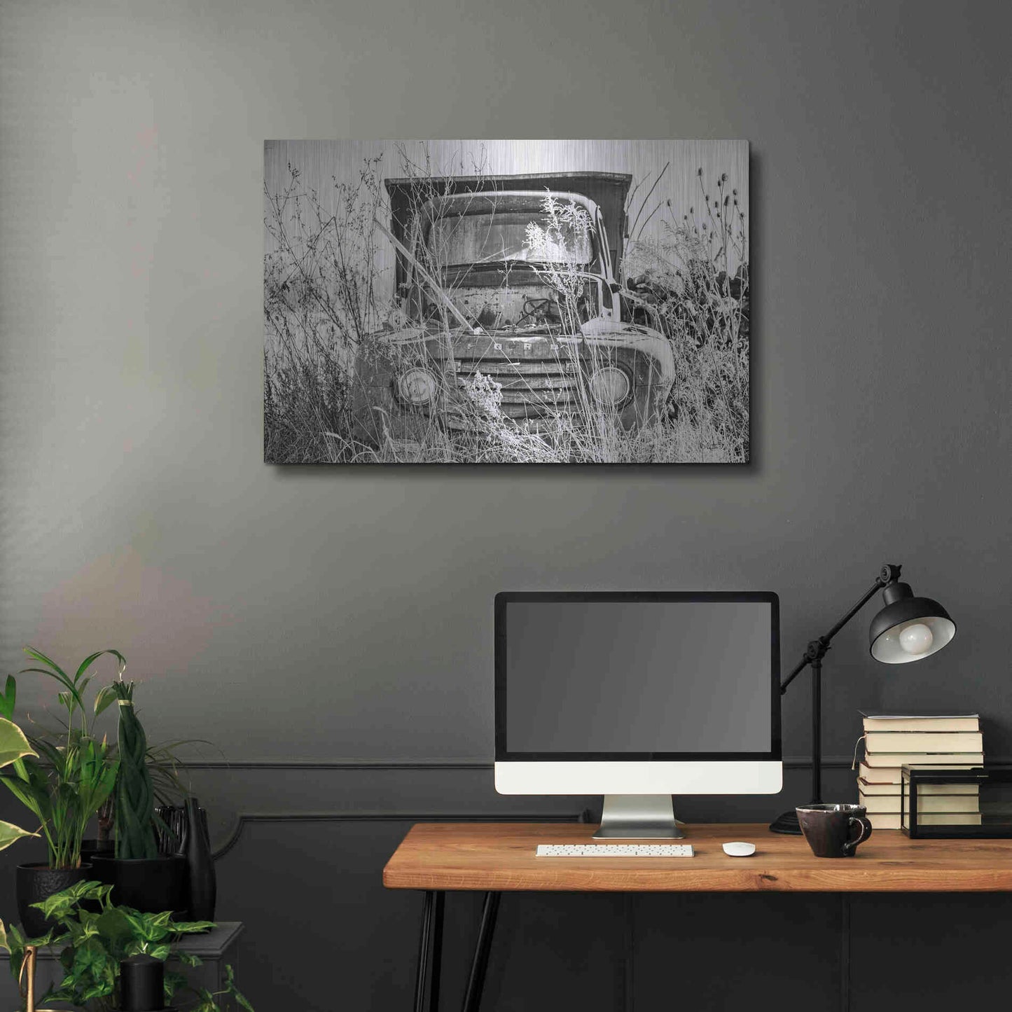 Luxe Metal Art 'Truck in Wildflower Field' by Donnie Quillen, Metal Wall Art,36x24