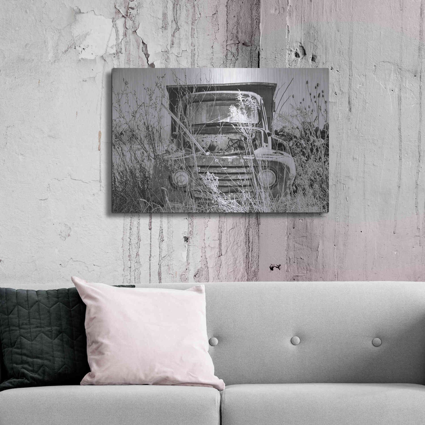 Luxe Metal Art 'Truck in Wildflower Field' by Donnie Quillen, Metal Wall Art,36x24