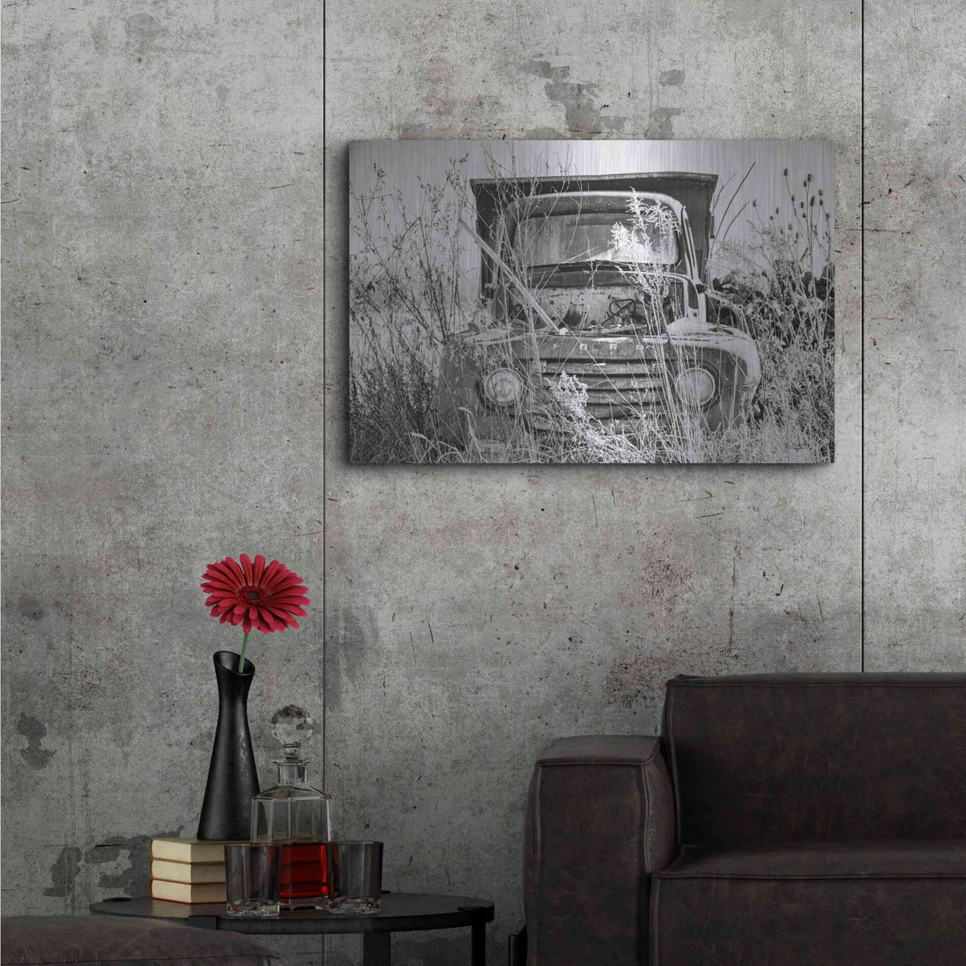 Luxe Metal Art 'Truck in Wildflower Field' by Donnie Quillen, Metal Wall Art,36x24