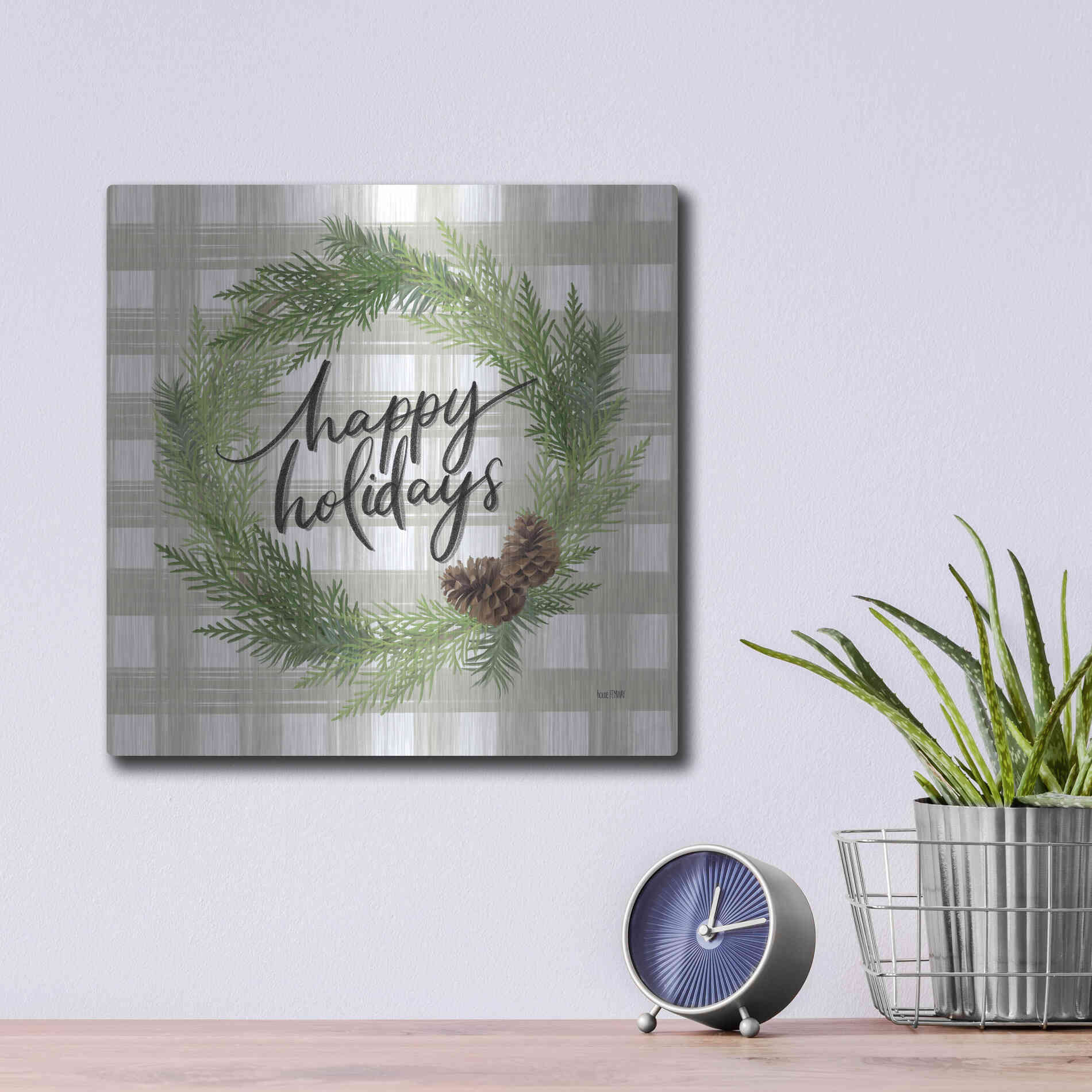 Luxe Metal Art 'Farmhouse Christmas Wreath' by House Fenway, Metal Wall Art,12x12