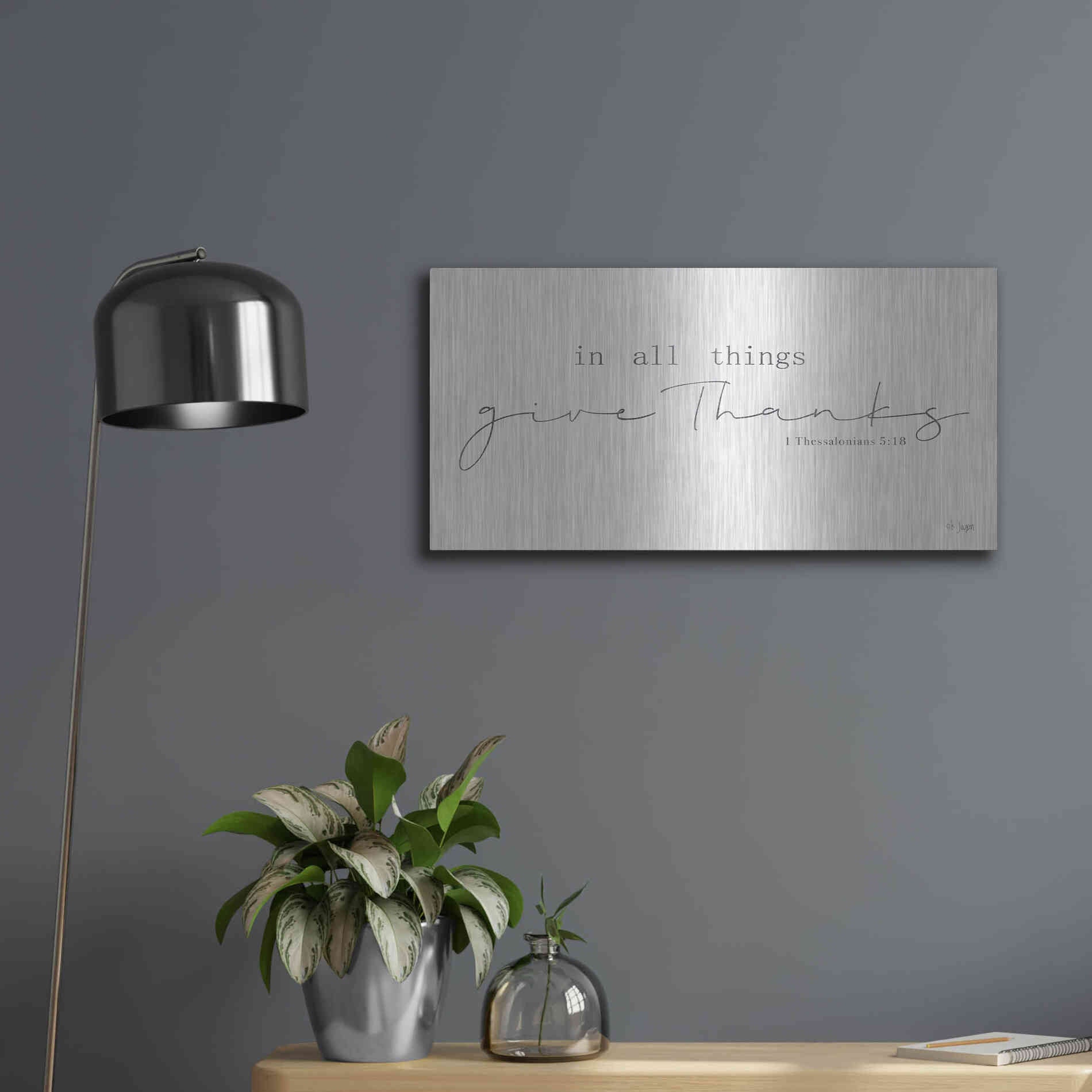 Luxe Metal Art 'In All Things Give Thanks' by Jaxn Blvd, Metal Wall Art,24x12