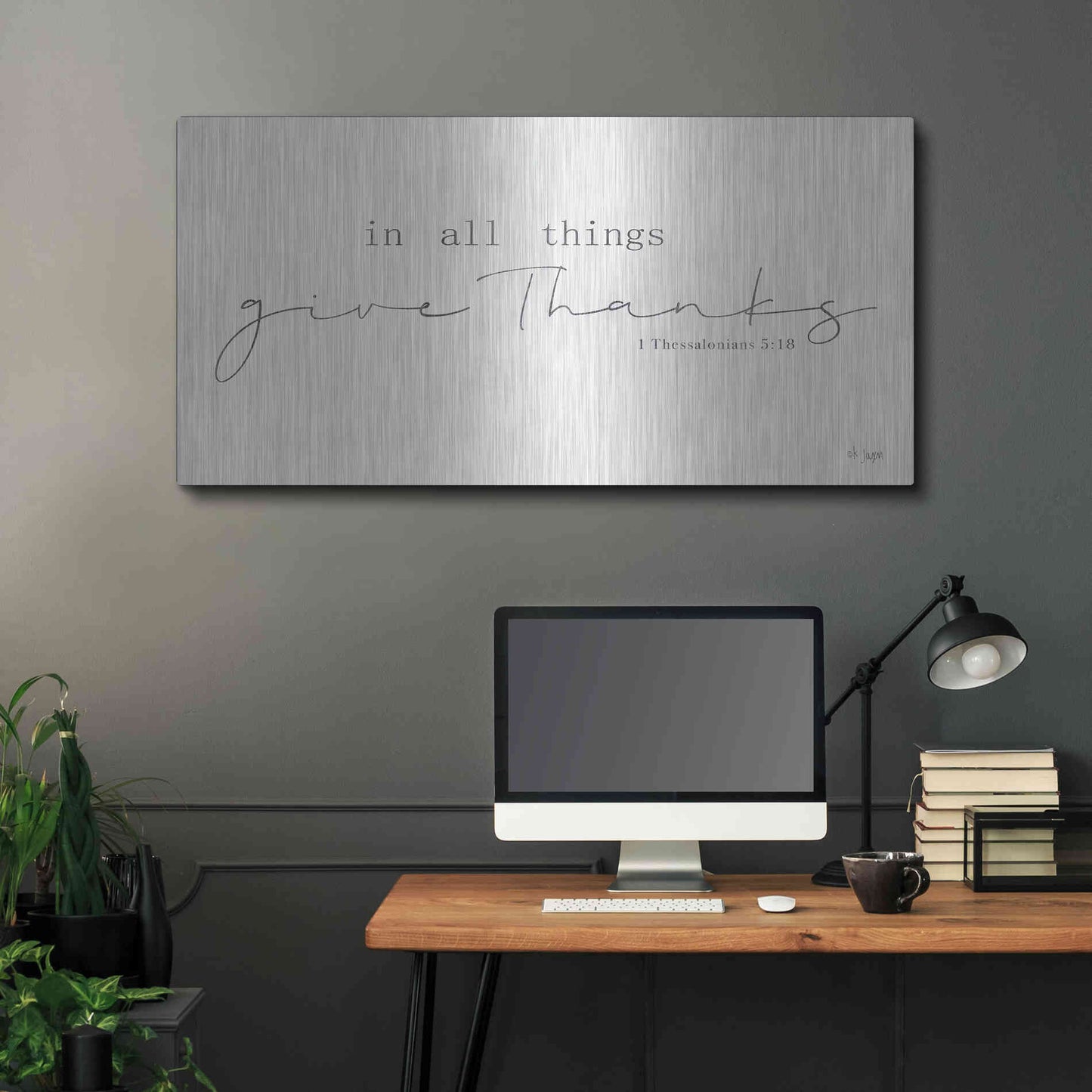 Luxe Metal Art 'In All Things Give Thanks' by Jaxn Blvd, Metal Wall Art,48x24