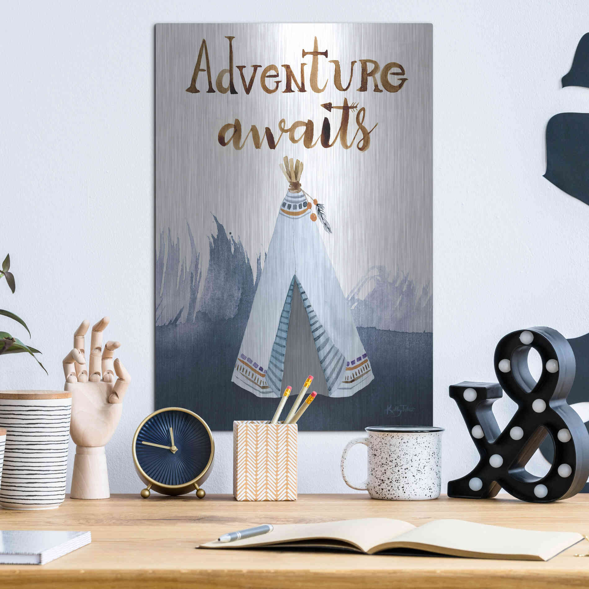 Luxe Metal Art 'Adventure Awaits' by Kelley Talent, Metal Wall Art,12x16