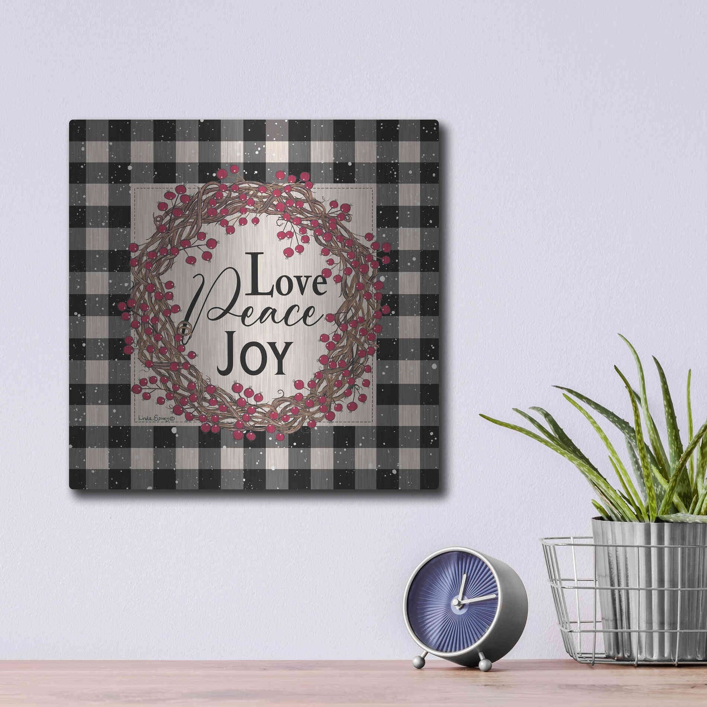 Luxe Metal Art 'Love Peace Joy with Berries' by Linda Spivey, Metal Wall Art,12x12