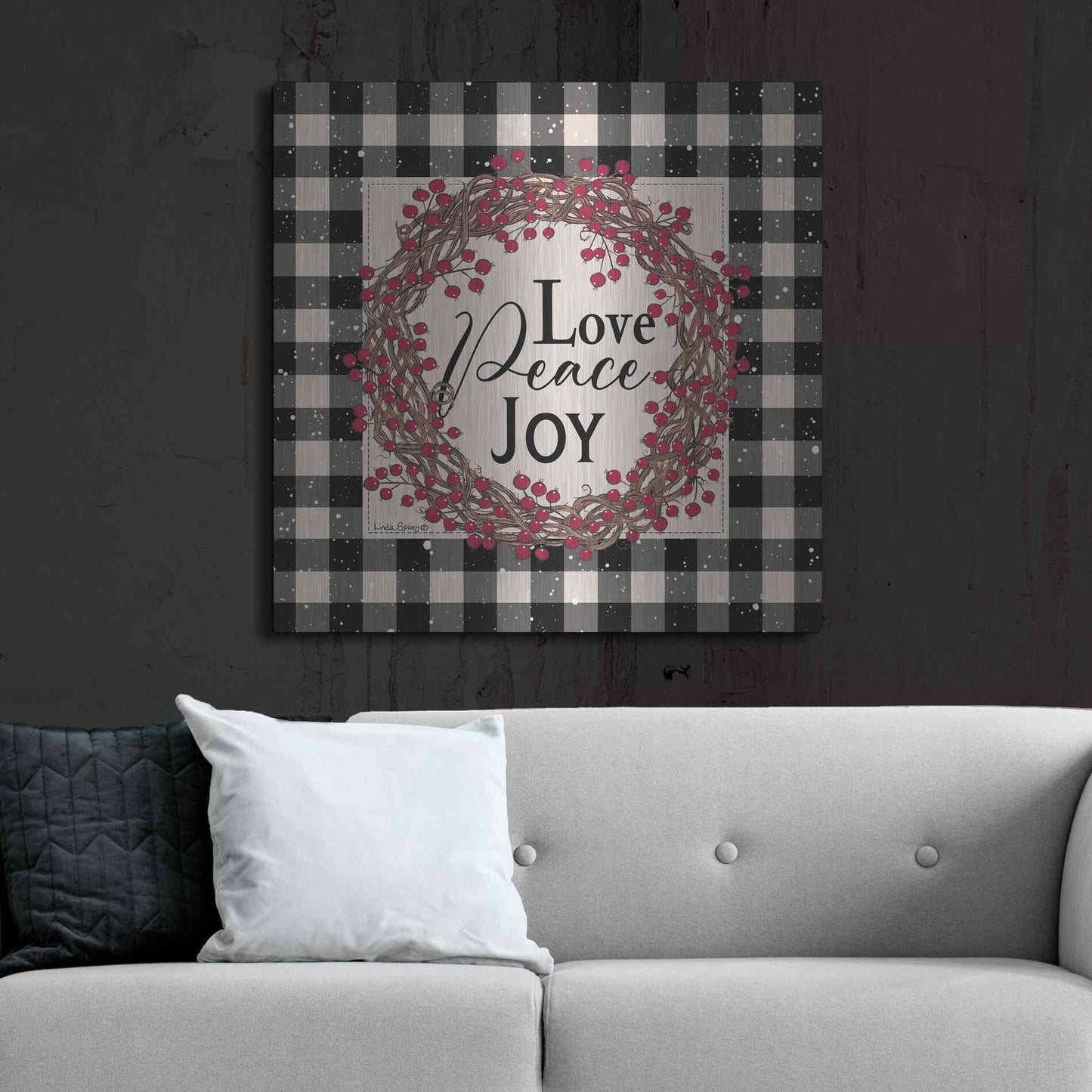 Luxe Metal Art 'Love Peace Joy with Berries' by Linda Spivey, Metal Wall Art,36x36