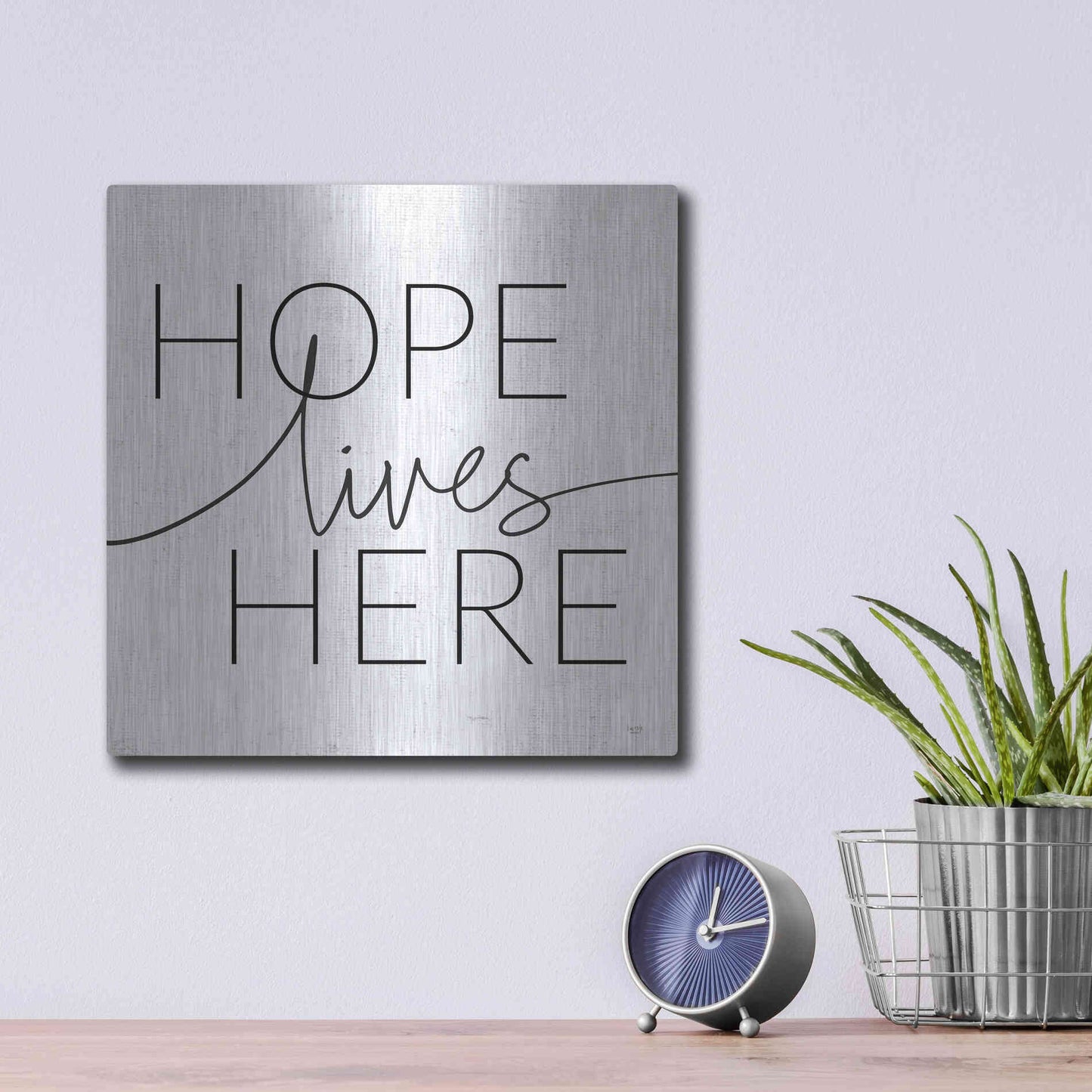 Luxe Metal Art 'Hope Lives Here' by Lux + Me, Metal Wall Art,12x12