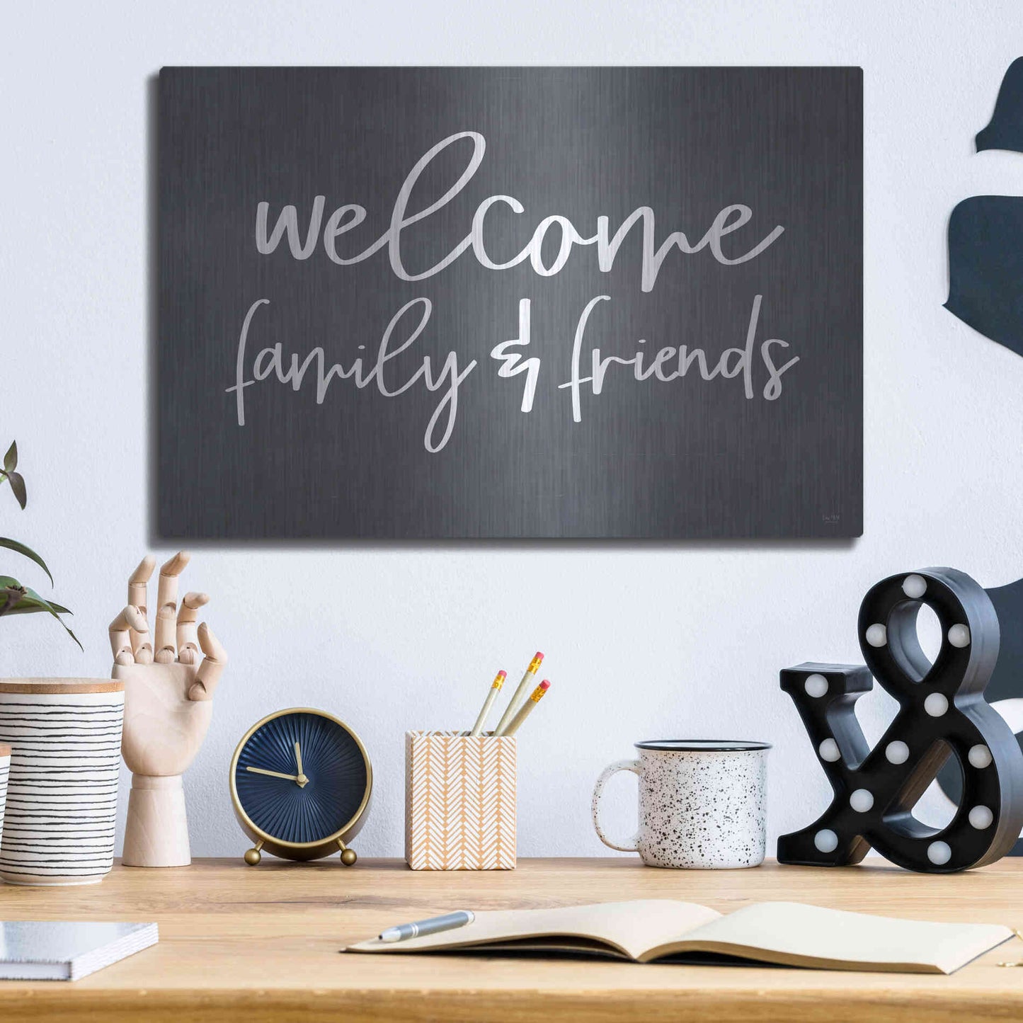 Luxe Metal Art 'Welcome Family & Friends' by Lux + Me, Metal Wall Art,16x12
