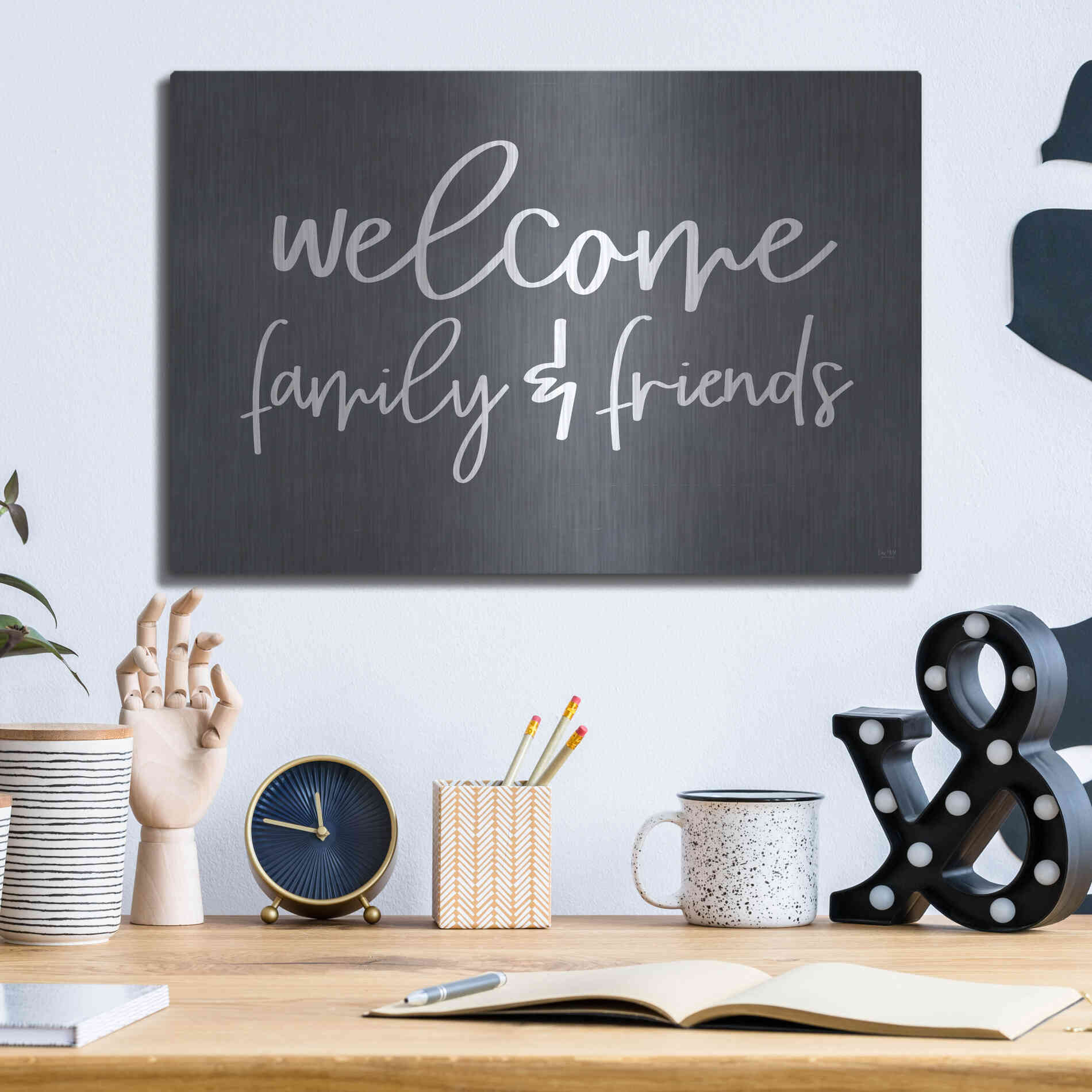 Luxe Metal Art 'Welcome Family & Friends' by Lux + Me, Metal Wall Art,16x12