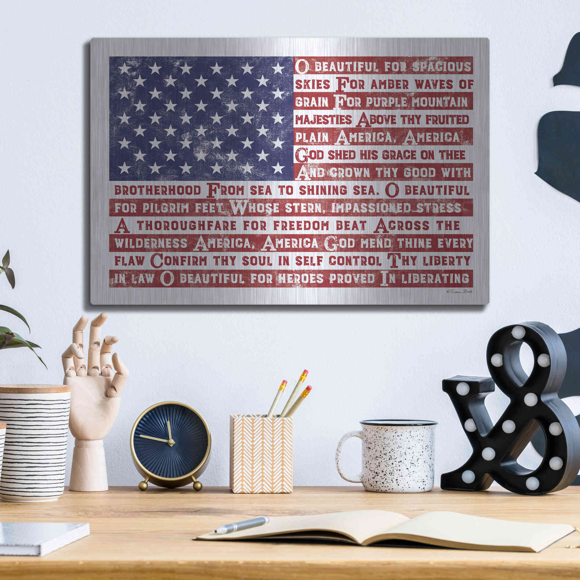 Luxe Metal Art 'America the Beautiful Flag' by Susan Ball, Metal Wall Art,16x12