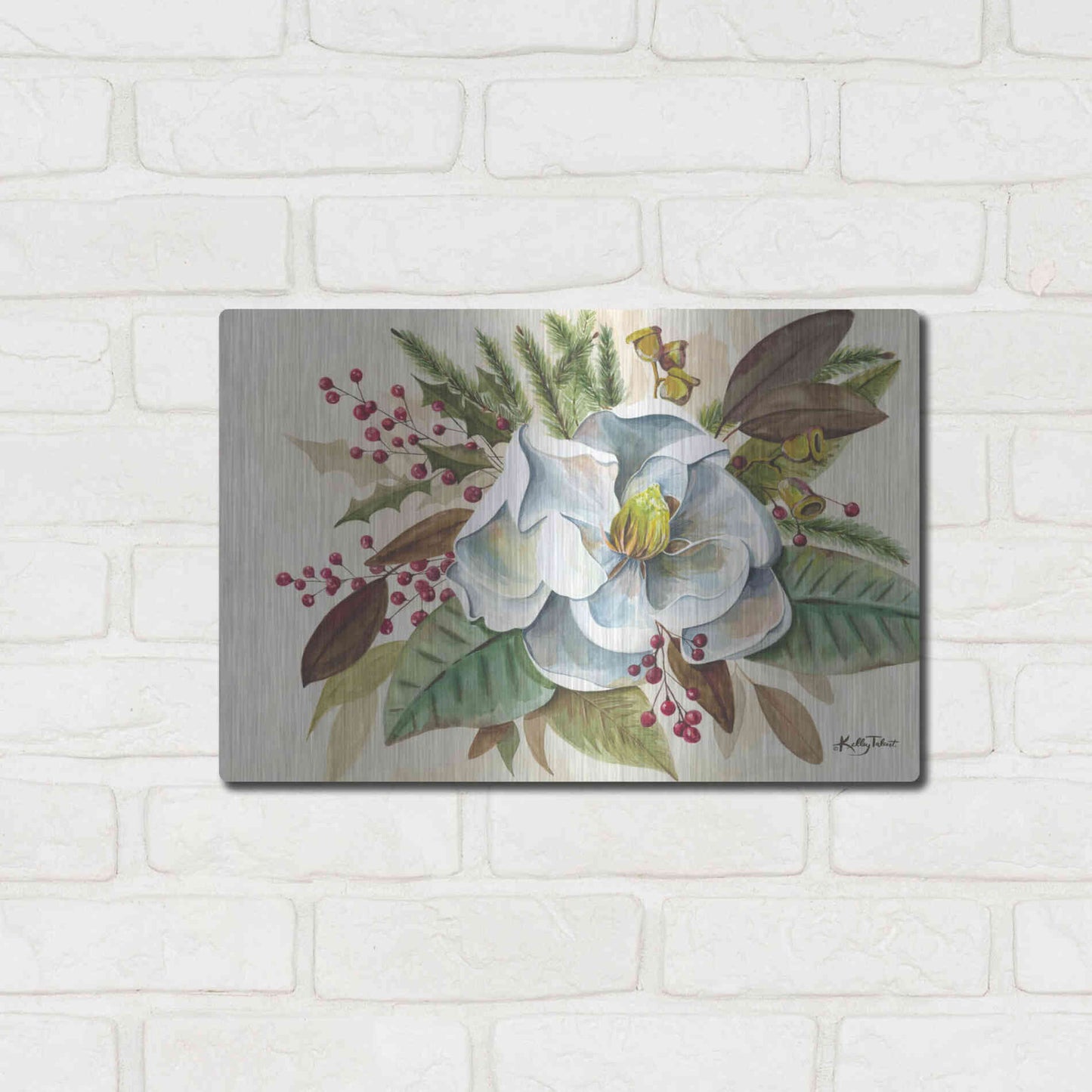 Luxe Metal Art 'Christmas Magnolia' by Kelley Talent, Metal Wall Art,16x12