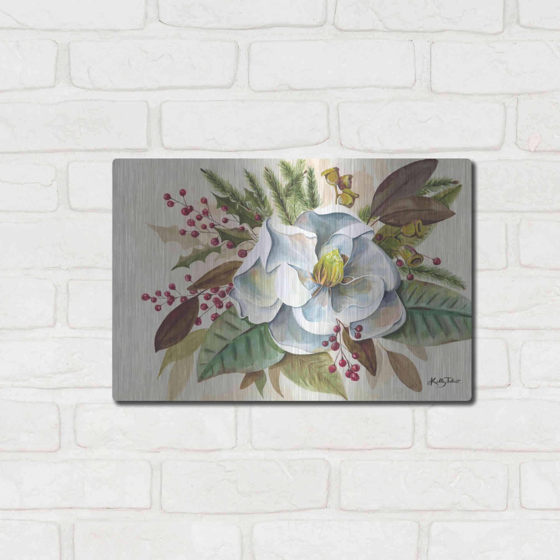 Luxe Metal Art 'Christmas Magnolia' by Kelley Talent, Metal Wall Art,16x12