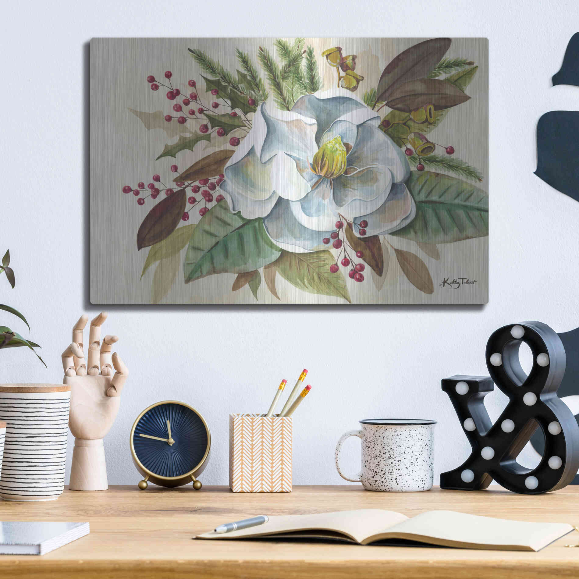 Luxe Metal Art 'Christmas Magnolia' by Kelley Talent, Metal Wall Art,16x12