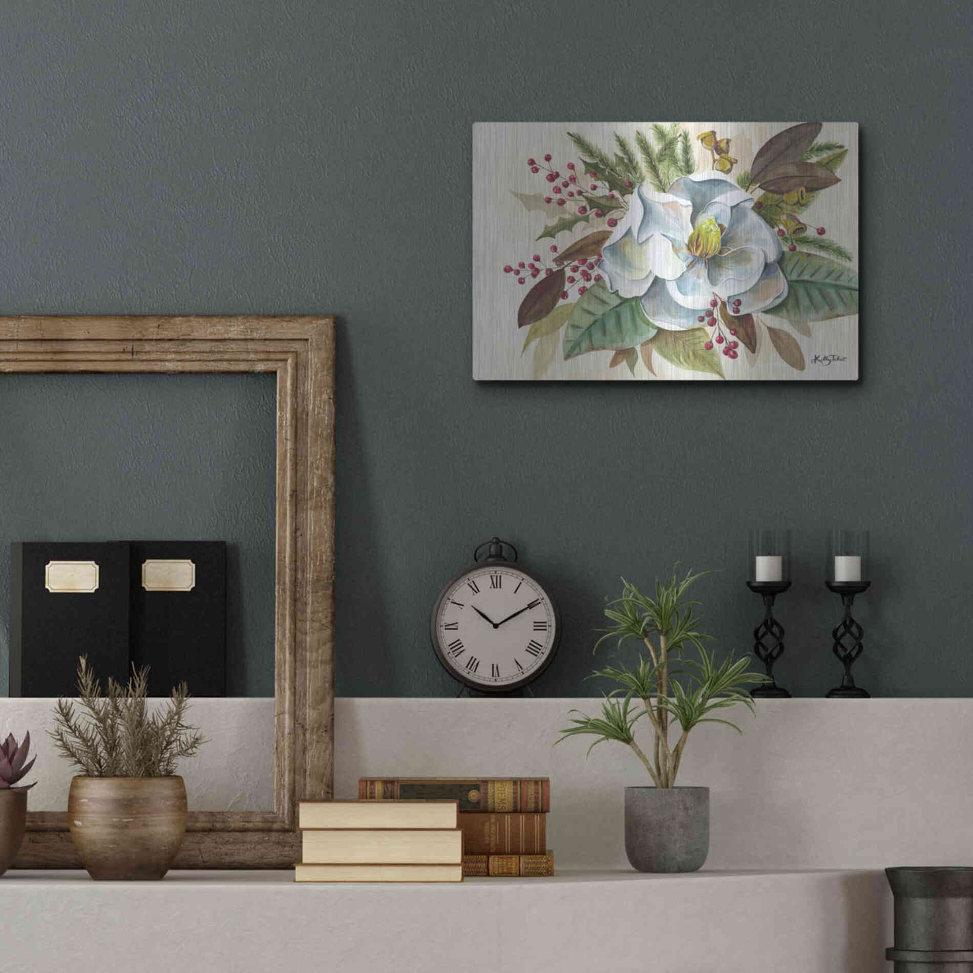 Luxe Metal Art 'Christmas Magnolia' by Kelley Talent, Metal Wall Art,16x12