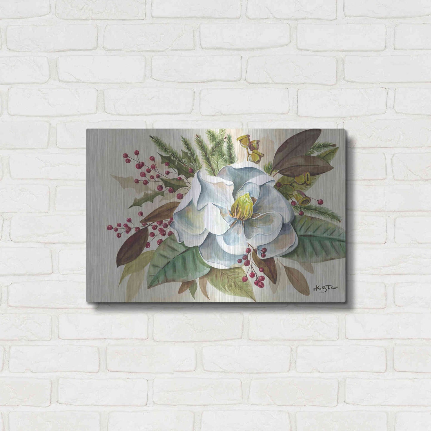 Luxe Metal Art 'Christmas Magnolia' by Kelley Talent, Metal Wall Art,24x16